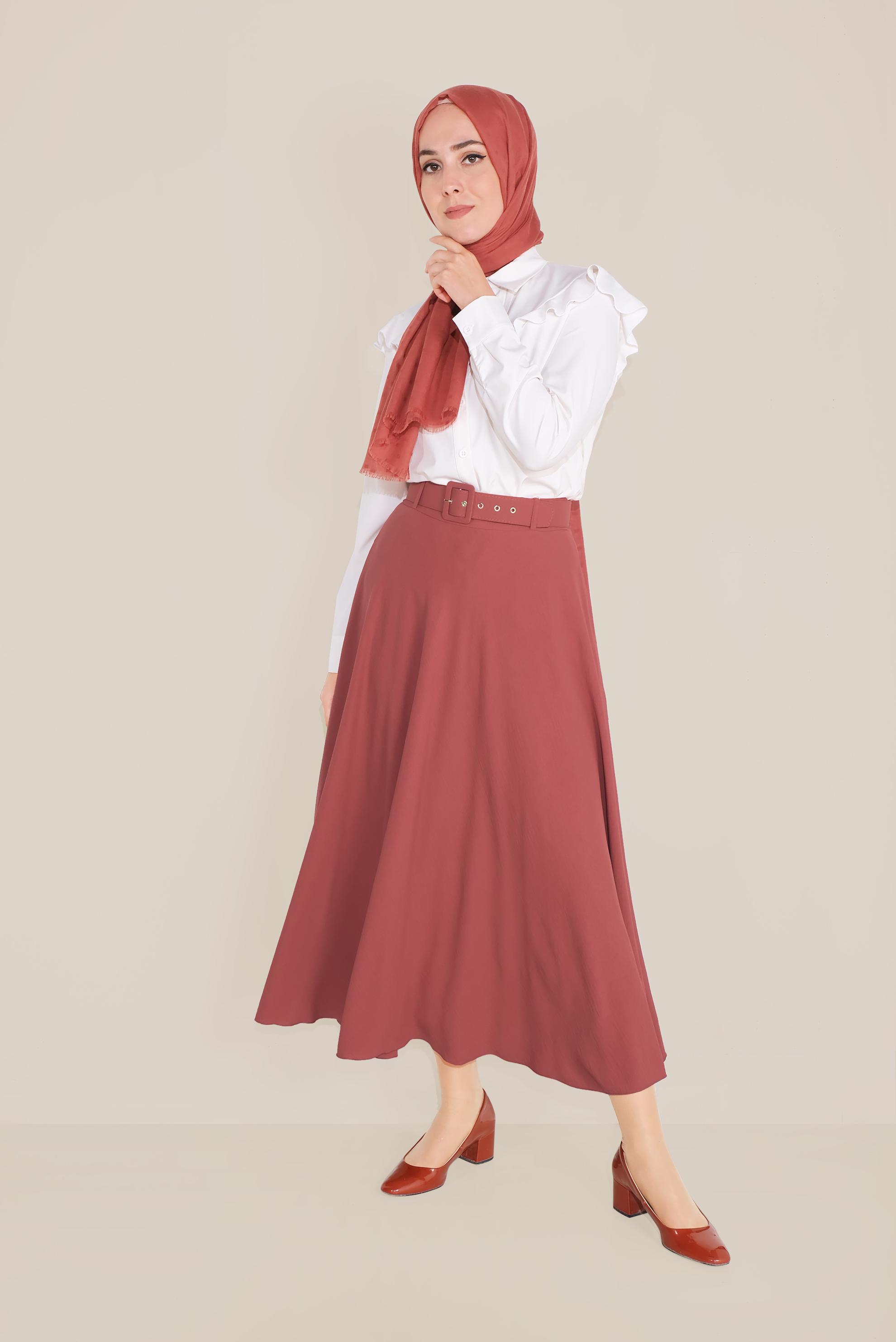 Tesettür giyim KAHVE KEMERLİ KLOŞ ETEK 60087