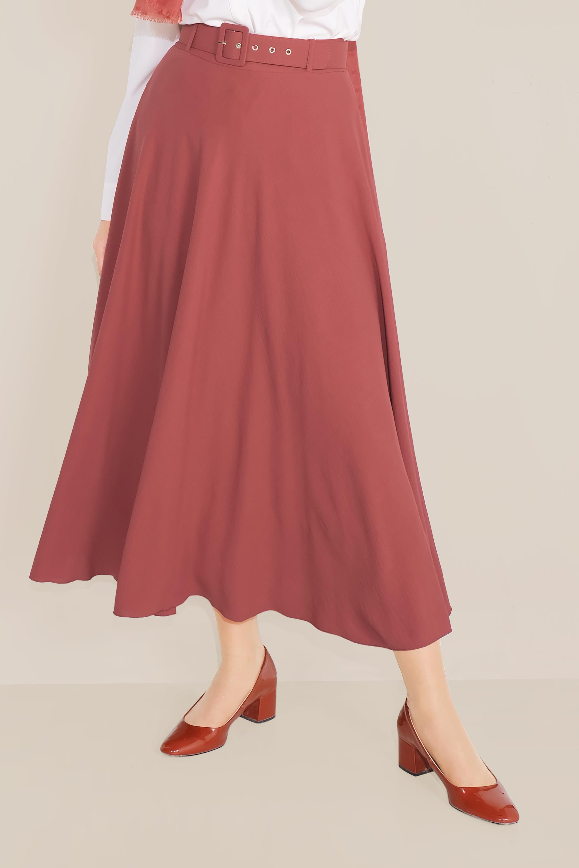 Tesettür giyim KAHVE KEMERLİ KLOŞ ETEK 60087