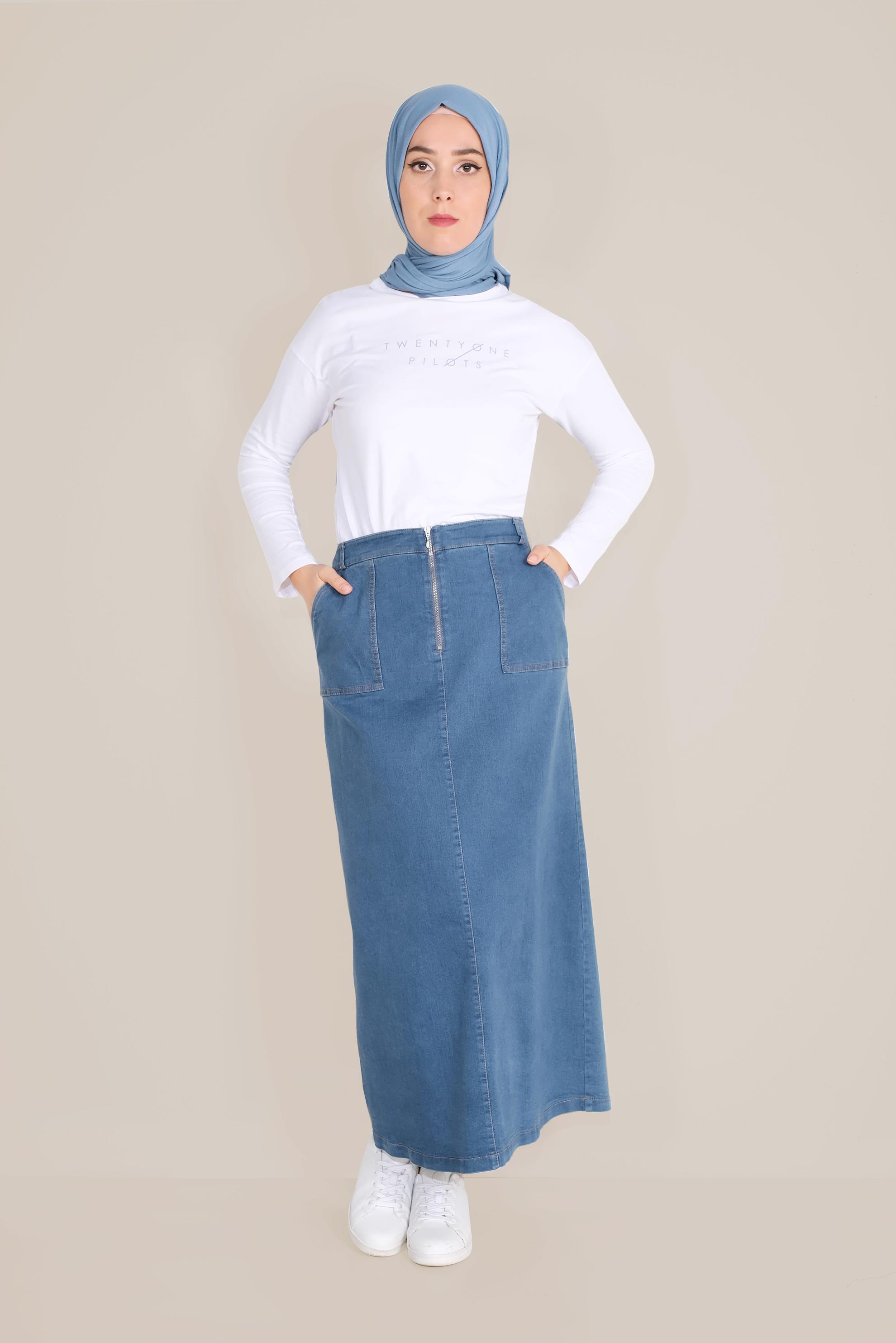 Tesettür giyim LACİVERT FERMUARLI DENİM ETEK 60088 