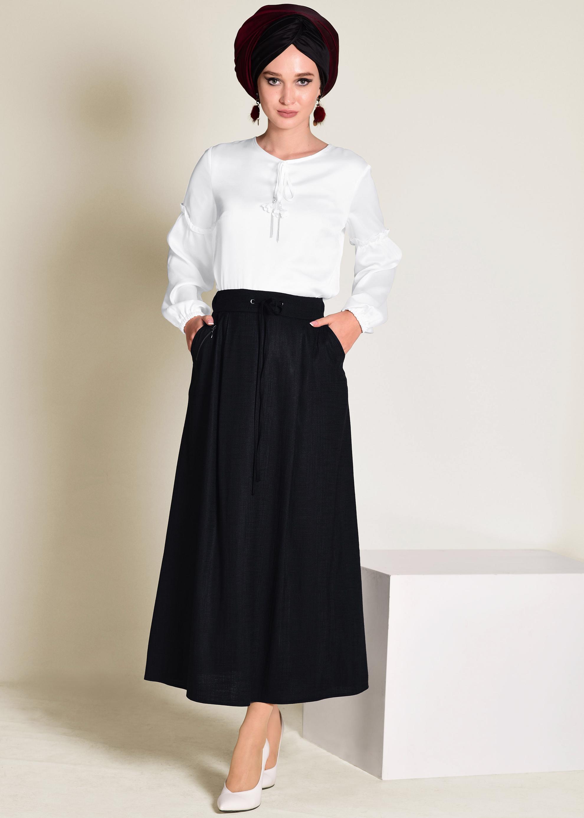 Tesettür giyim SİYAH BELİ BAĞCIKLI CEPLİ ETEK 6214