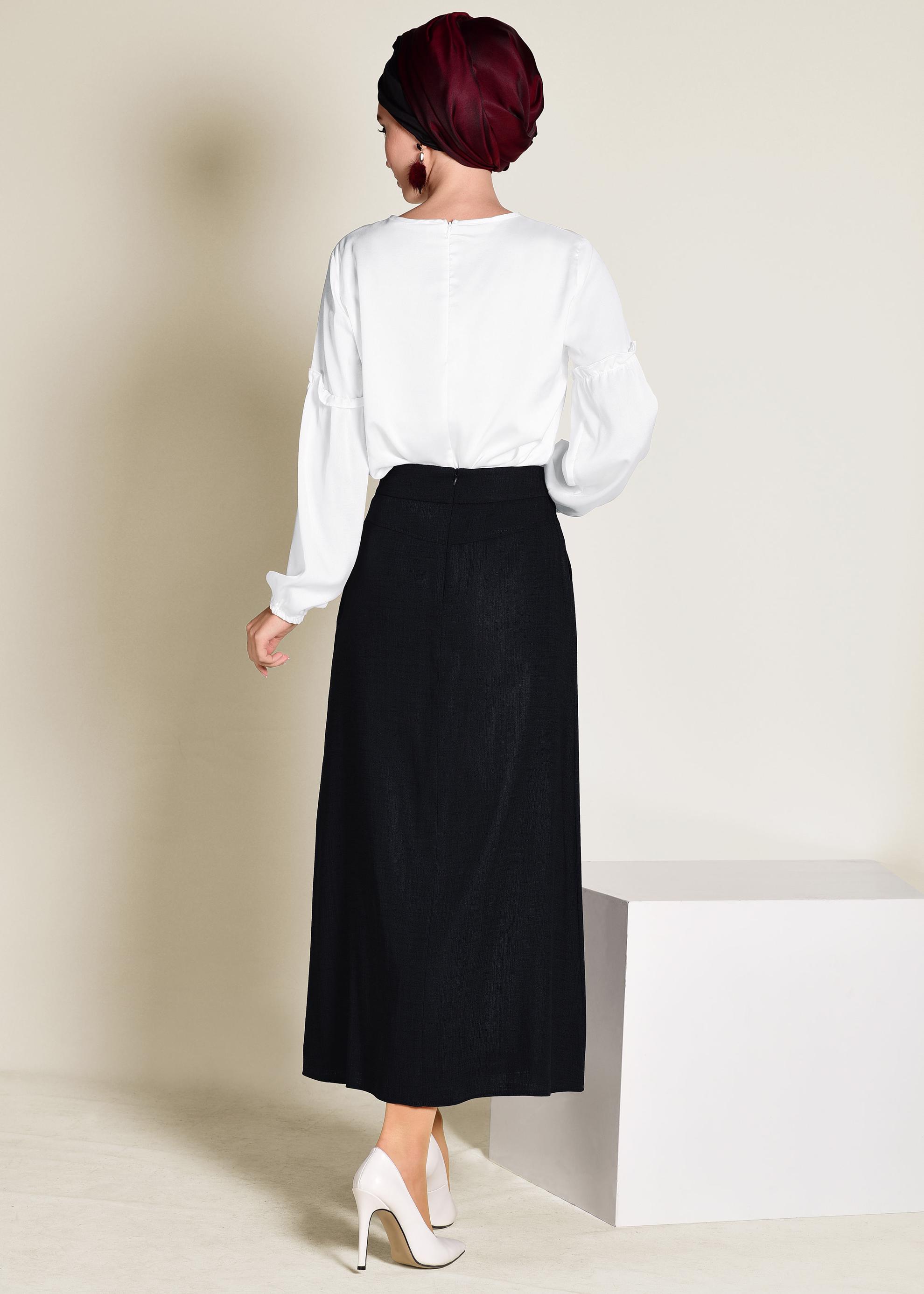 Tesettür giyim SİYAH BELİ BAĞCIKLI CEPLİ ETEK 6214