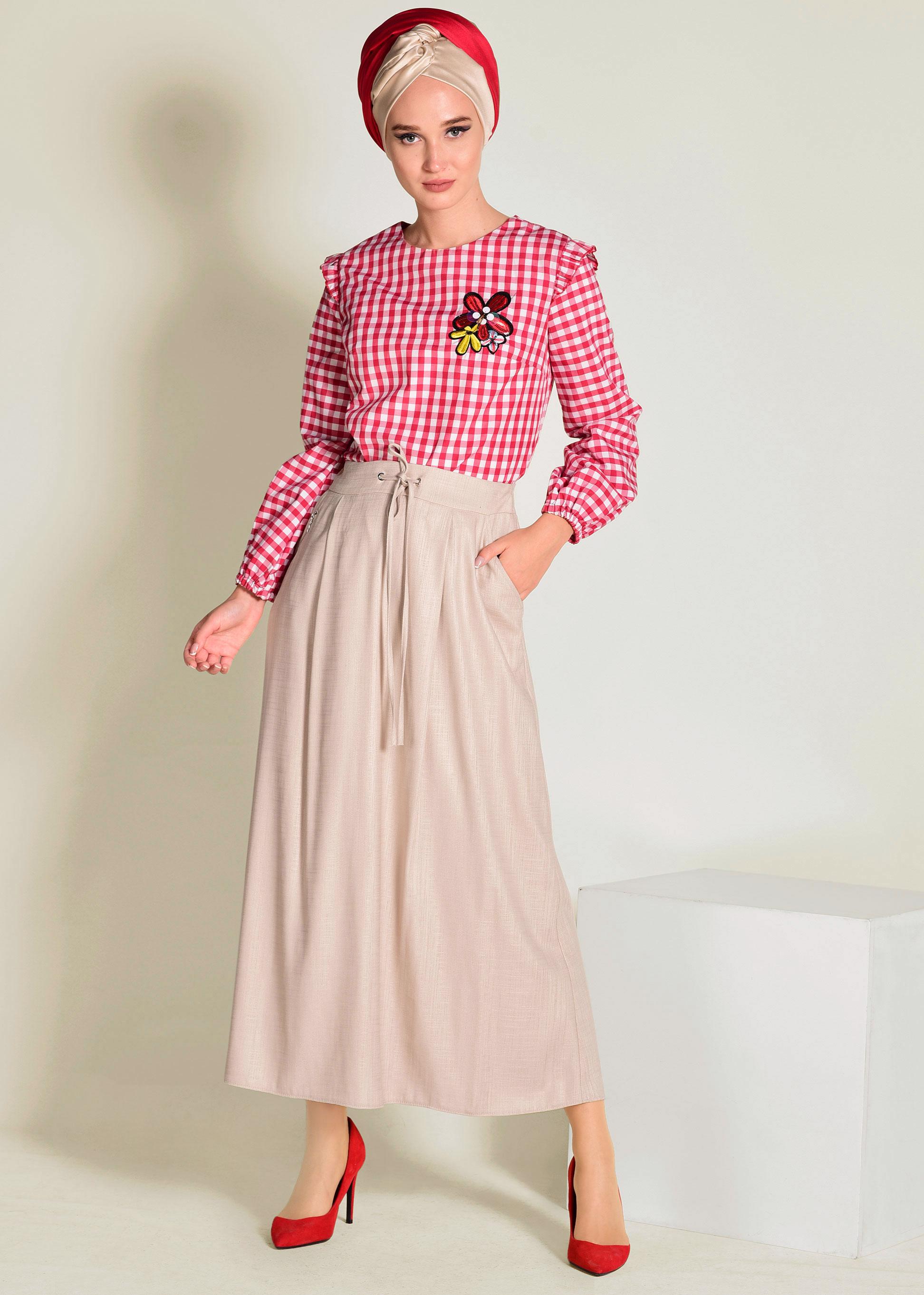 Tesettür giyim BEJ BELİ BAĞCIKLI CEPLİ ETEK 6214