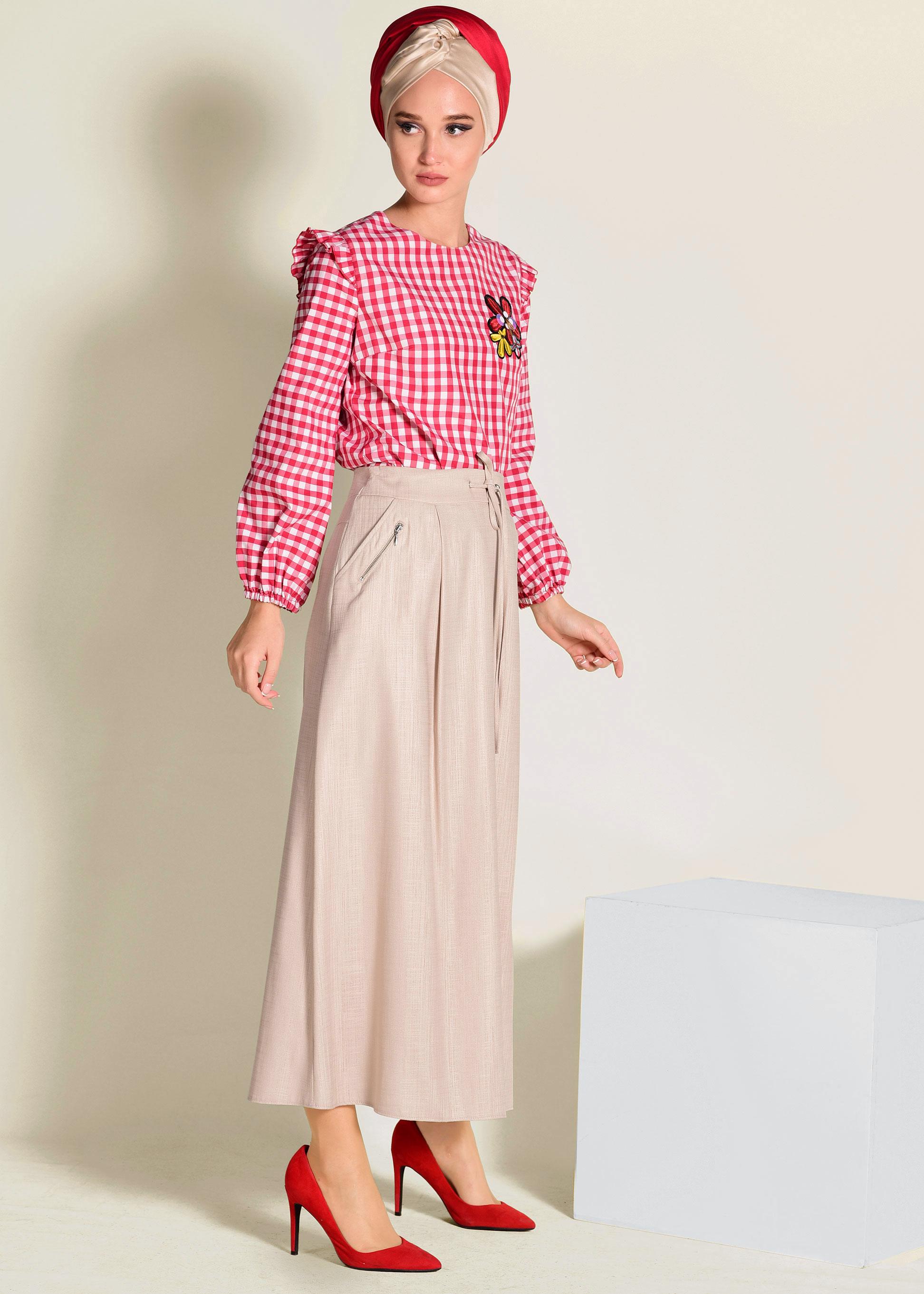 Tesettür giyim BEJ BELİ BAĞCIKLI CEPLİ ETEK 6214