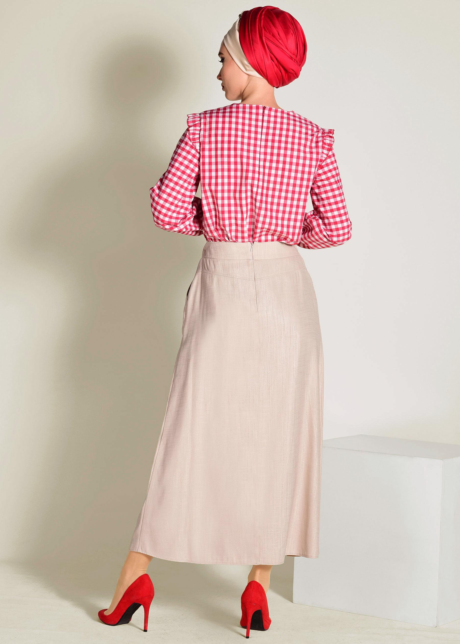 Tesettür giyim BEJ BELİ BAĞCIKLI CEPLİ ETEK 6214