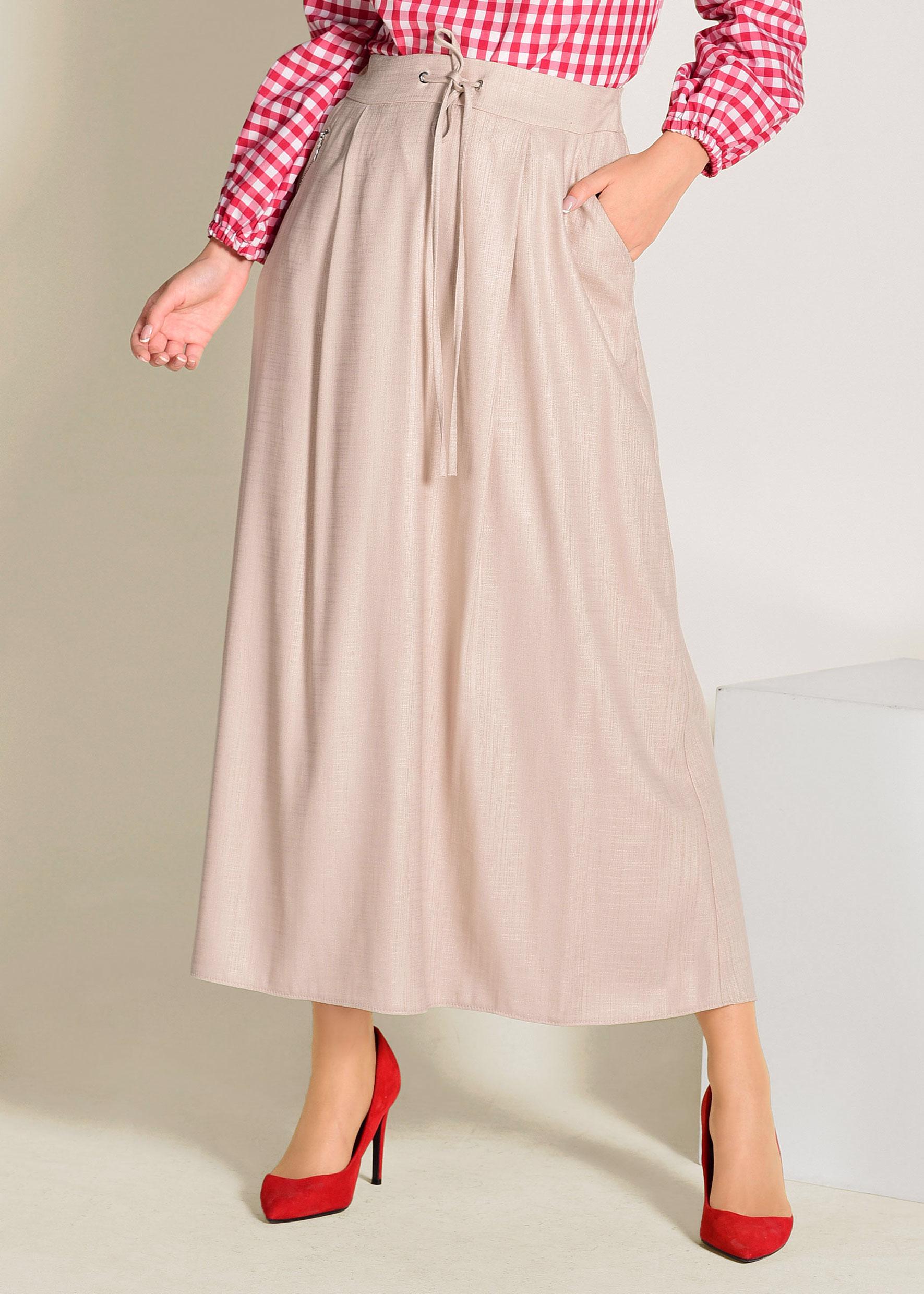 Tesettür giyim BEJ BELİ BAĞCIKLI CEPLİ ETEK 6214