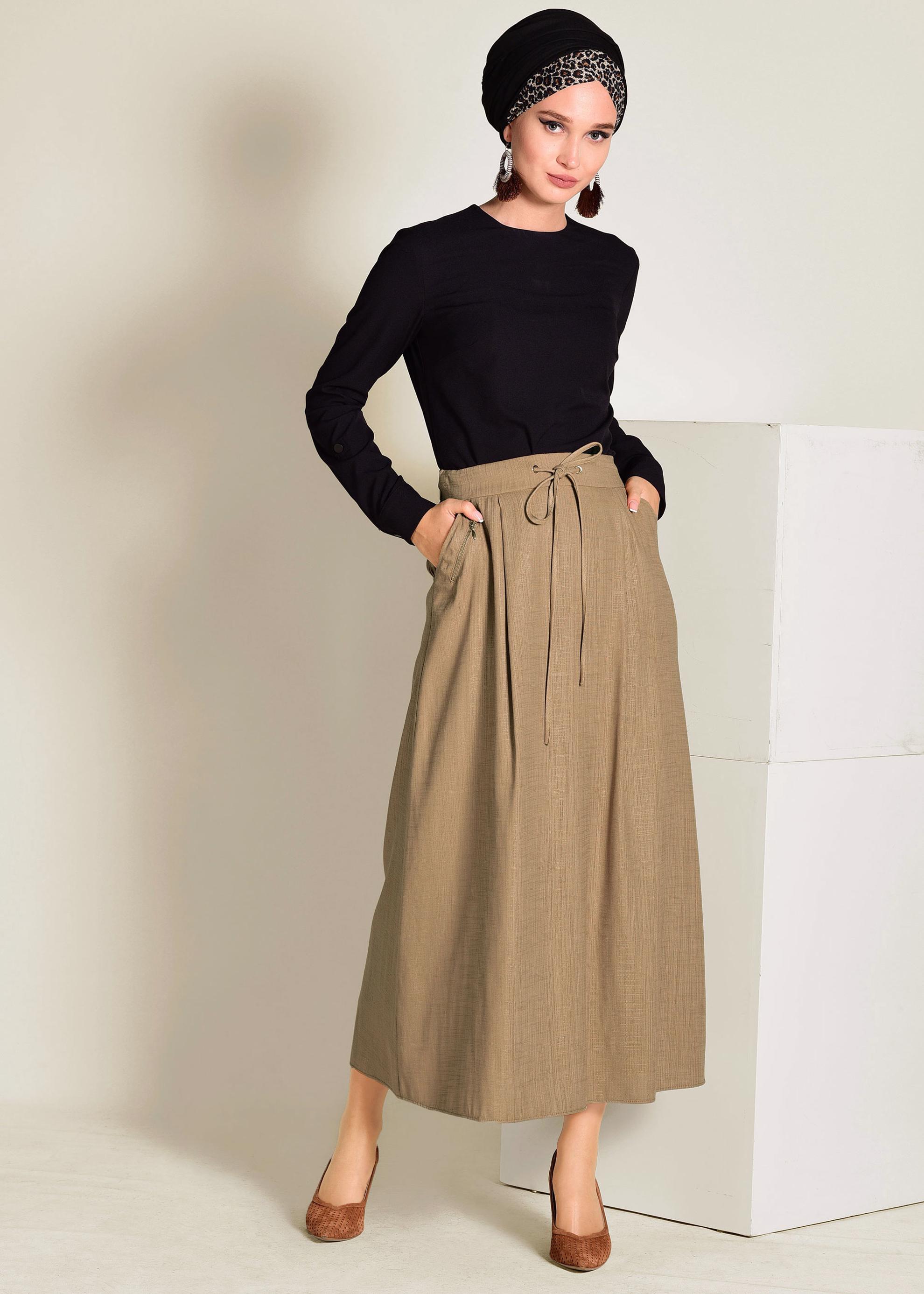 Tesettür giyim KAHVE BELİ BAĞCIKLI CEPLİ ETEK 6214