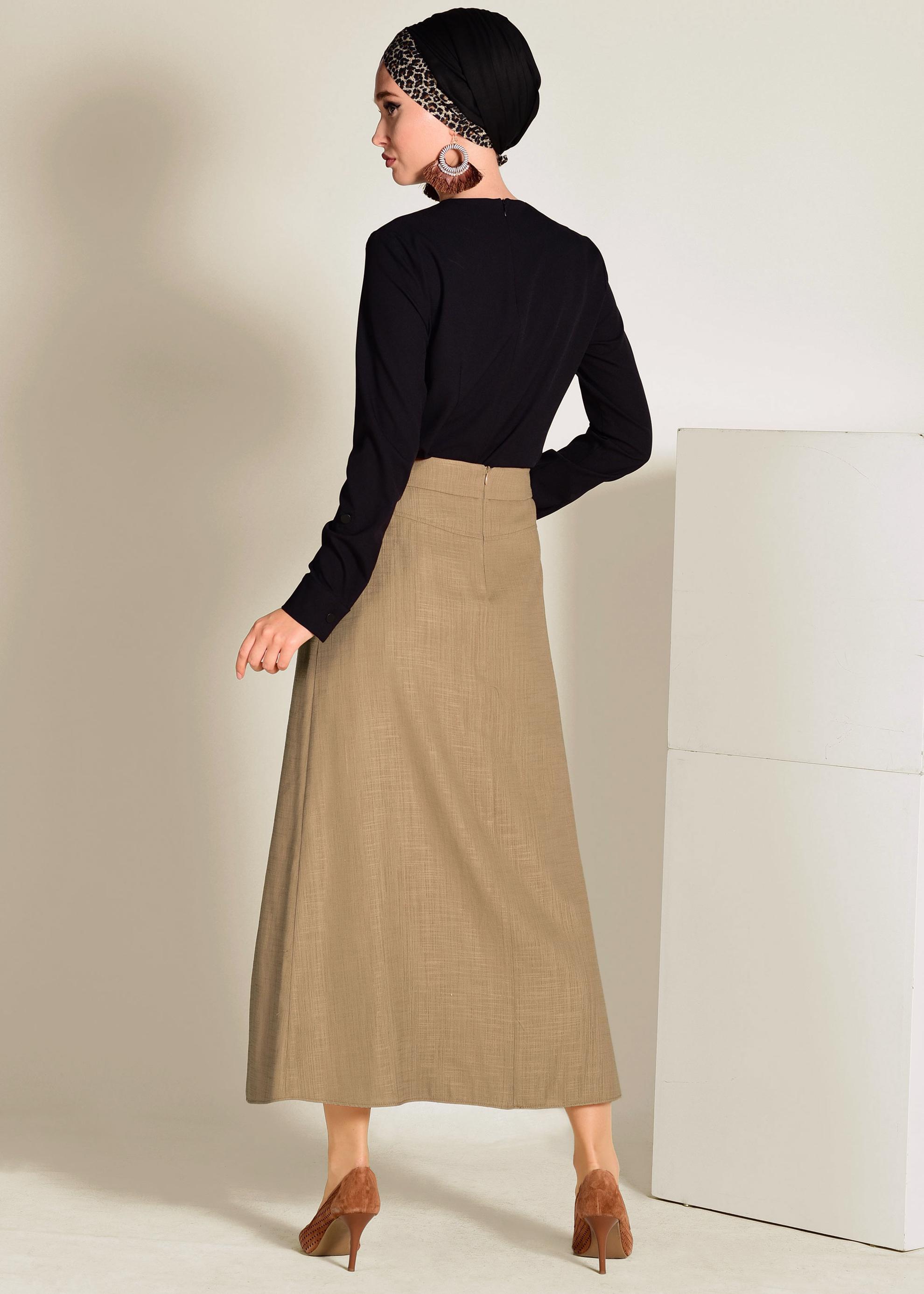 Tesettür giyim KAHVE BELİ BAĞCIKLI CEPLİ ETEK 6214