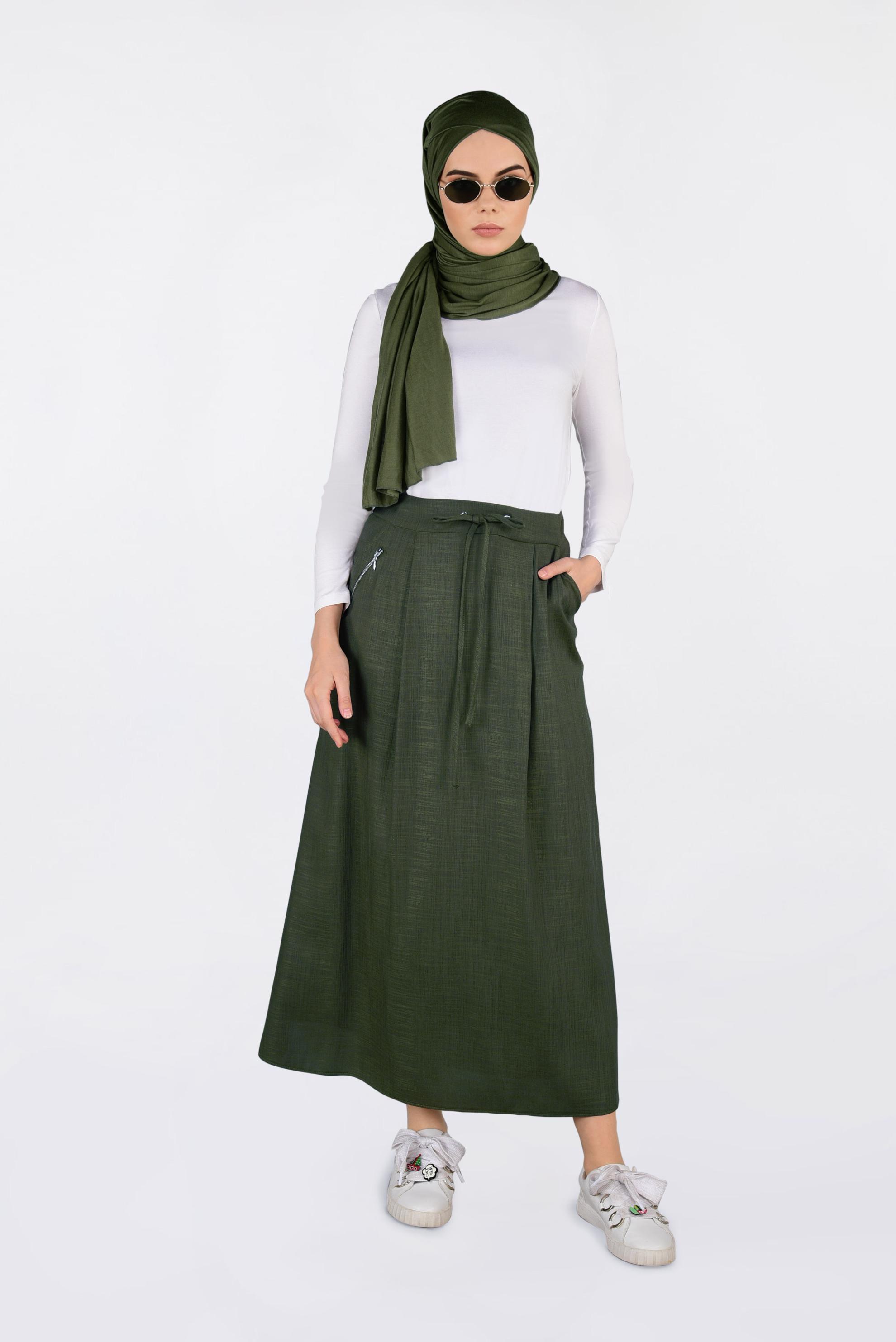 Tesettür giyim HAKİ BELİ BAĞCIKLI CEPLİ ETEK 6214