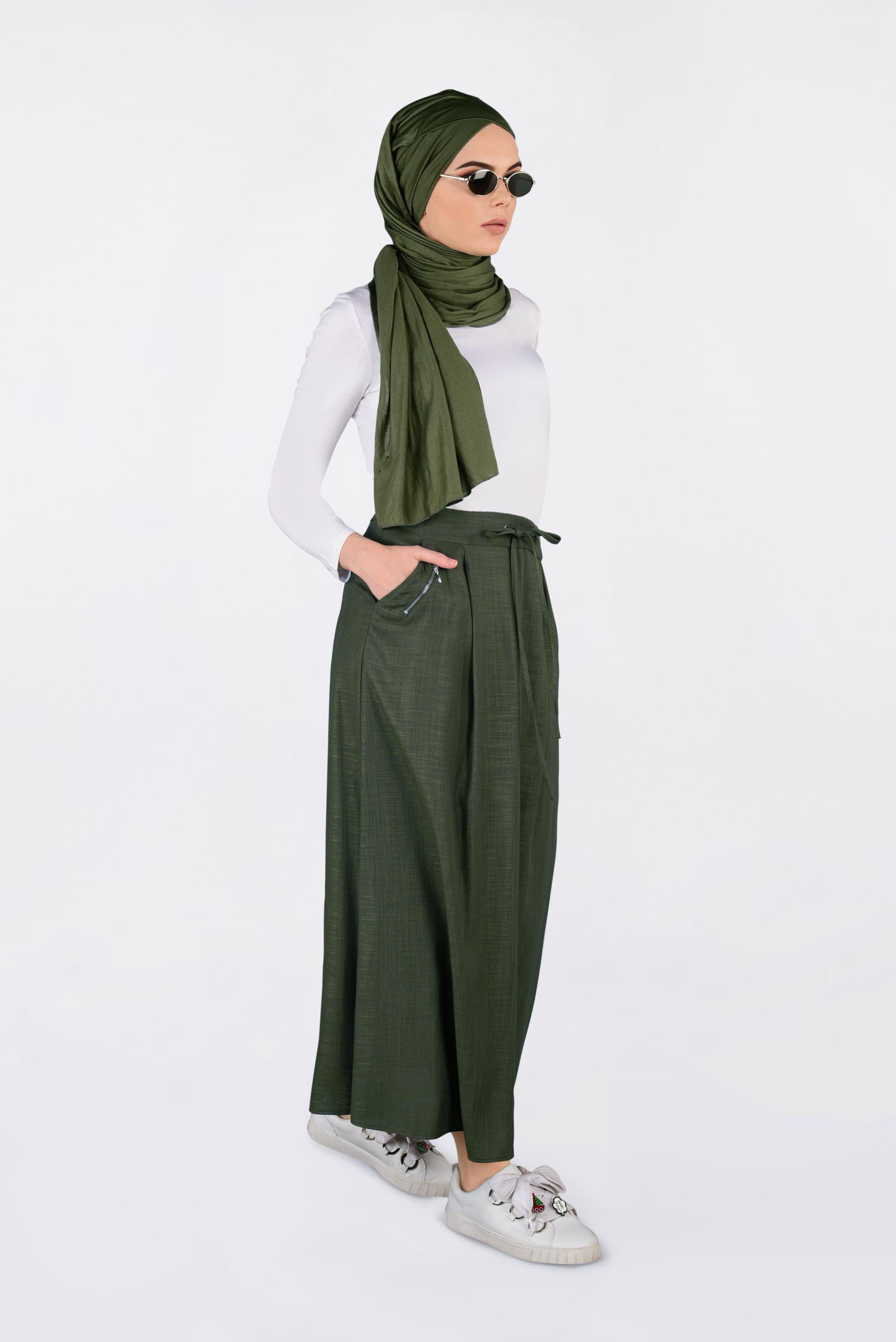 Tesettür giyim HAKİ BELİ BAĞCIKLI CEPLİ ETEK 6214