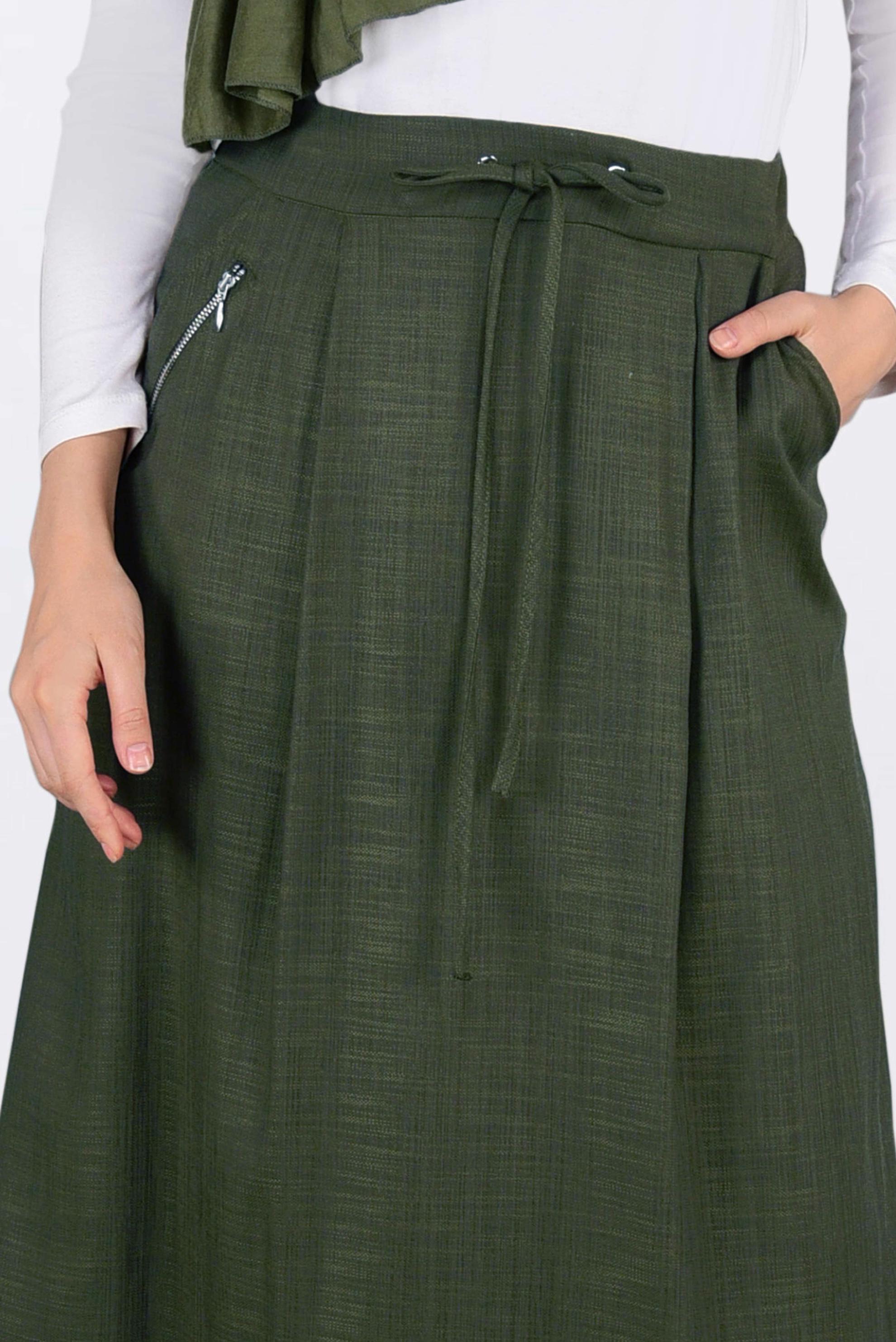 Tesettür giyim HAKİ BELİ BAĞCIKLI CEPLİ ETEK 6214