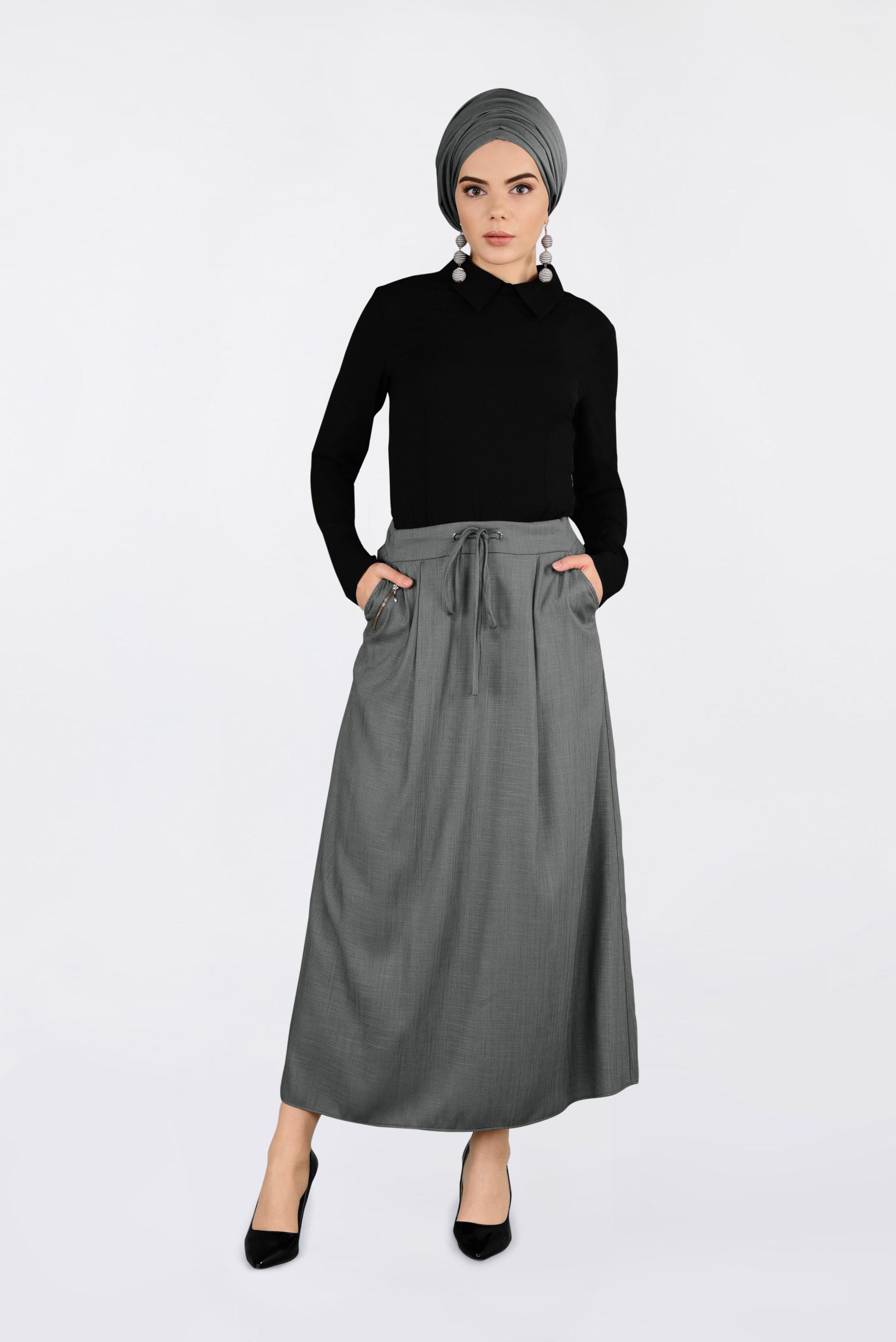 Tesettür giyim VİZON BELİ BAĞCIKLI CEPLİ ETEK 6214