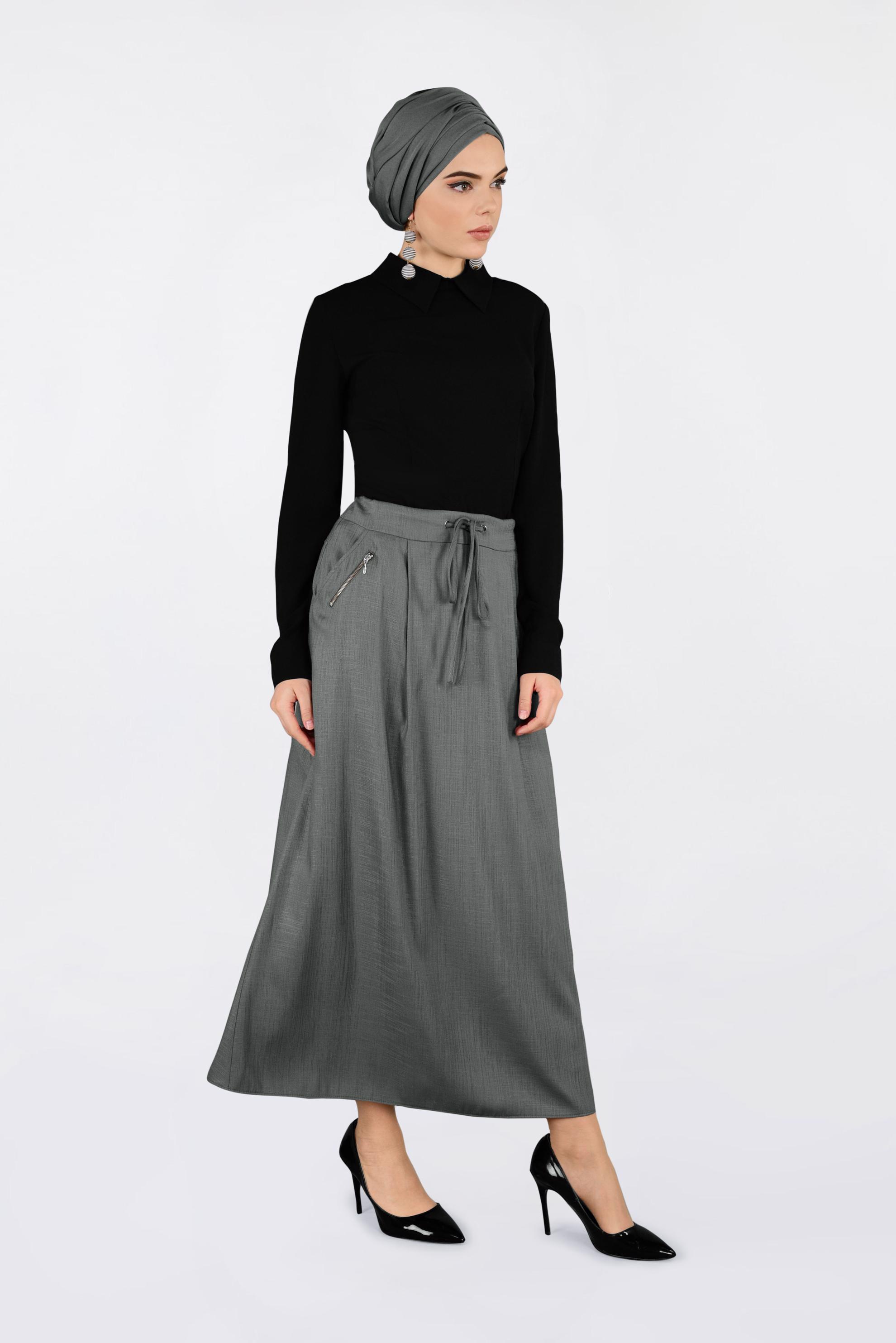 Tesettür giyim VİZON BELİ BAĞCIKLI CEPLİ ETEK 6214