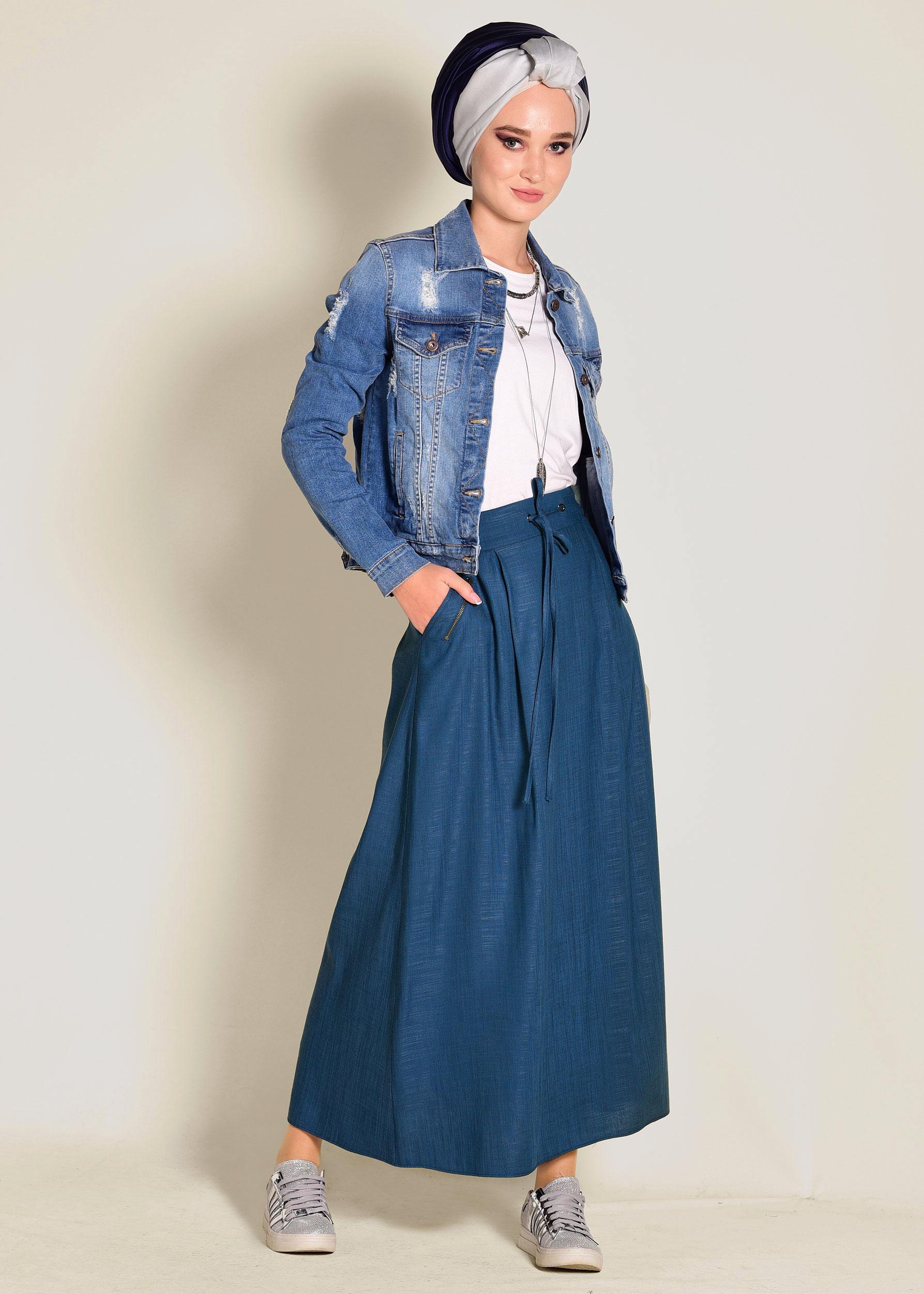 Tesettür giyim LACİVERT BELİ BAĞCIKLI CEPLİ ETEK 6214