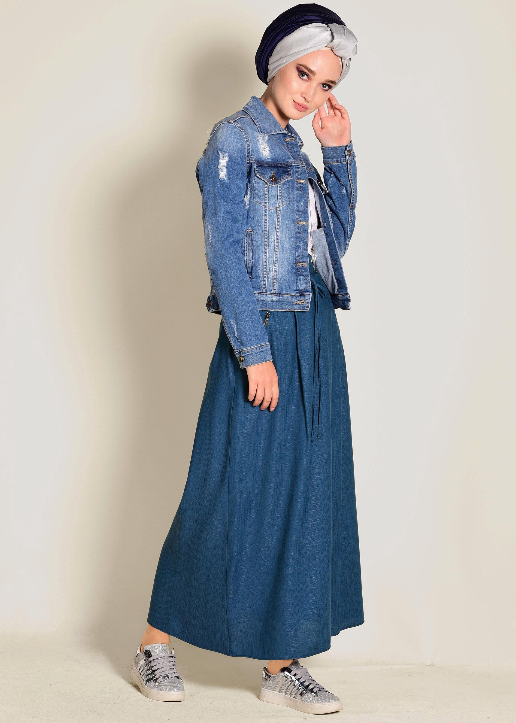 Tesettür giyim LACİVERT BELİ BAĞCIKLI CEPLİ ETEK 6214