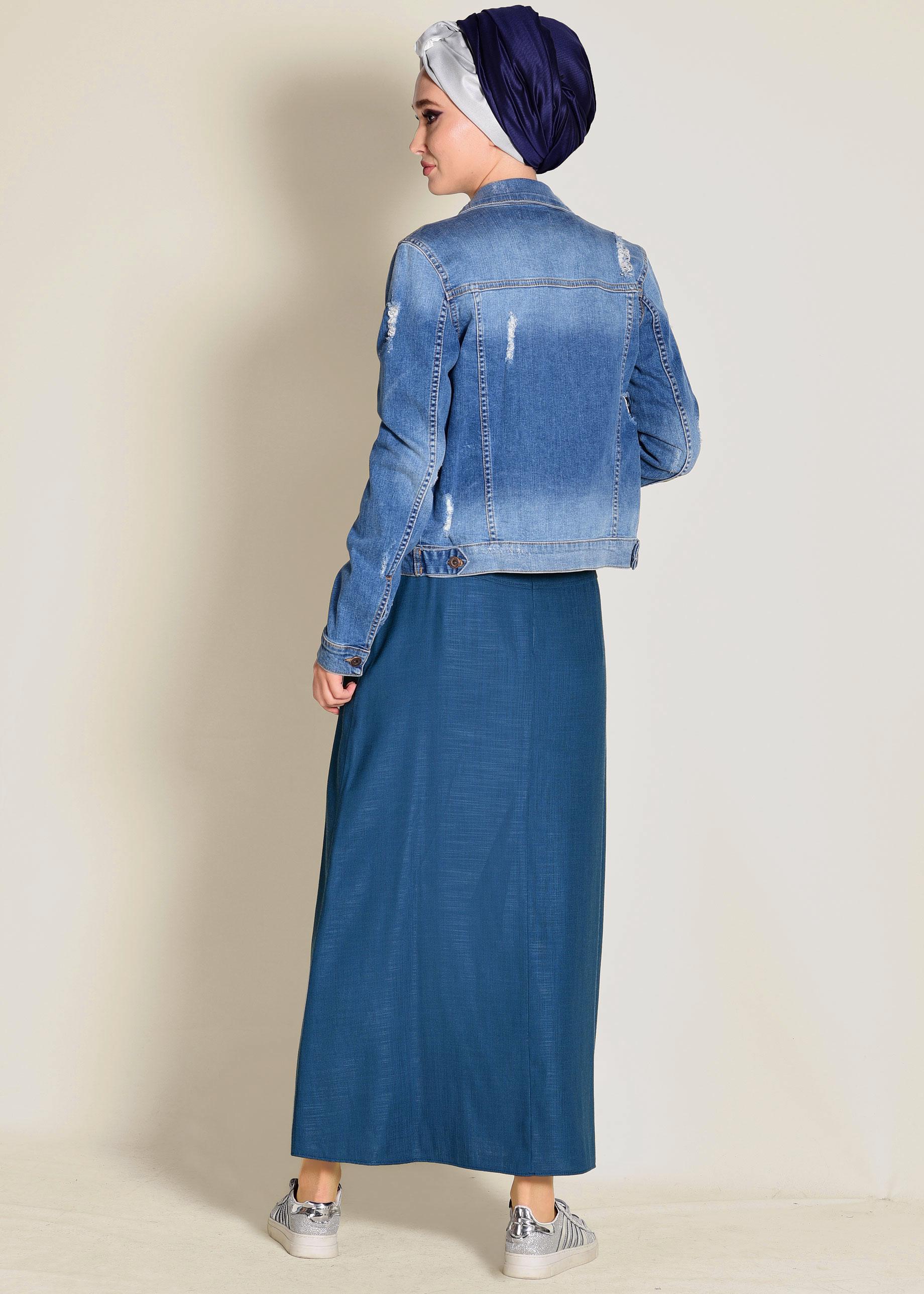 Tesettür giyim LACİVERT BELİ BAĞCIKLI CEPLİ ETEK 6214