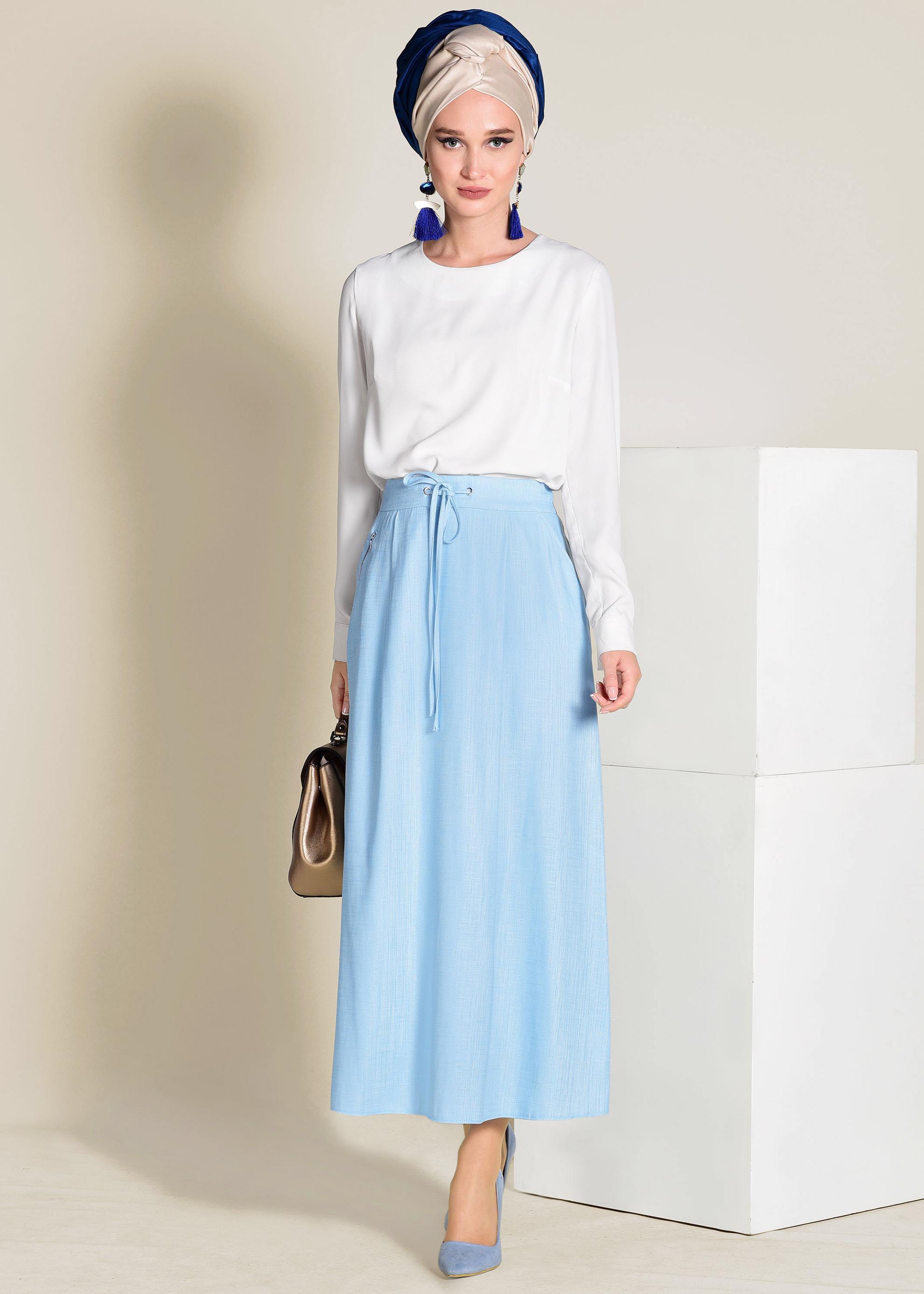 Tesettür giyim MAVİ BELİ BAĞCIKLI CEPLİ ETEK 6214