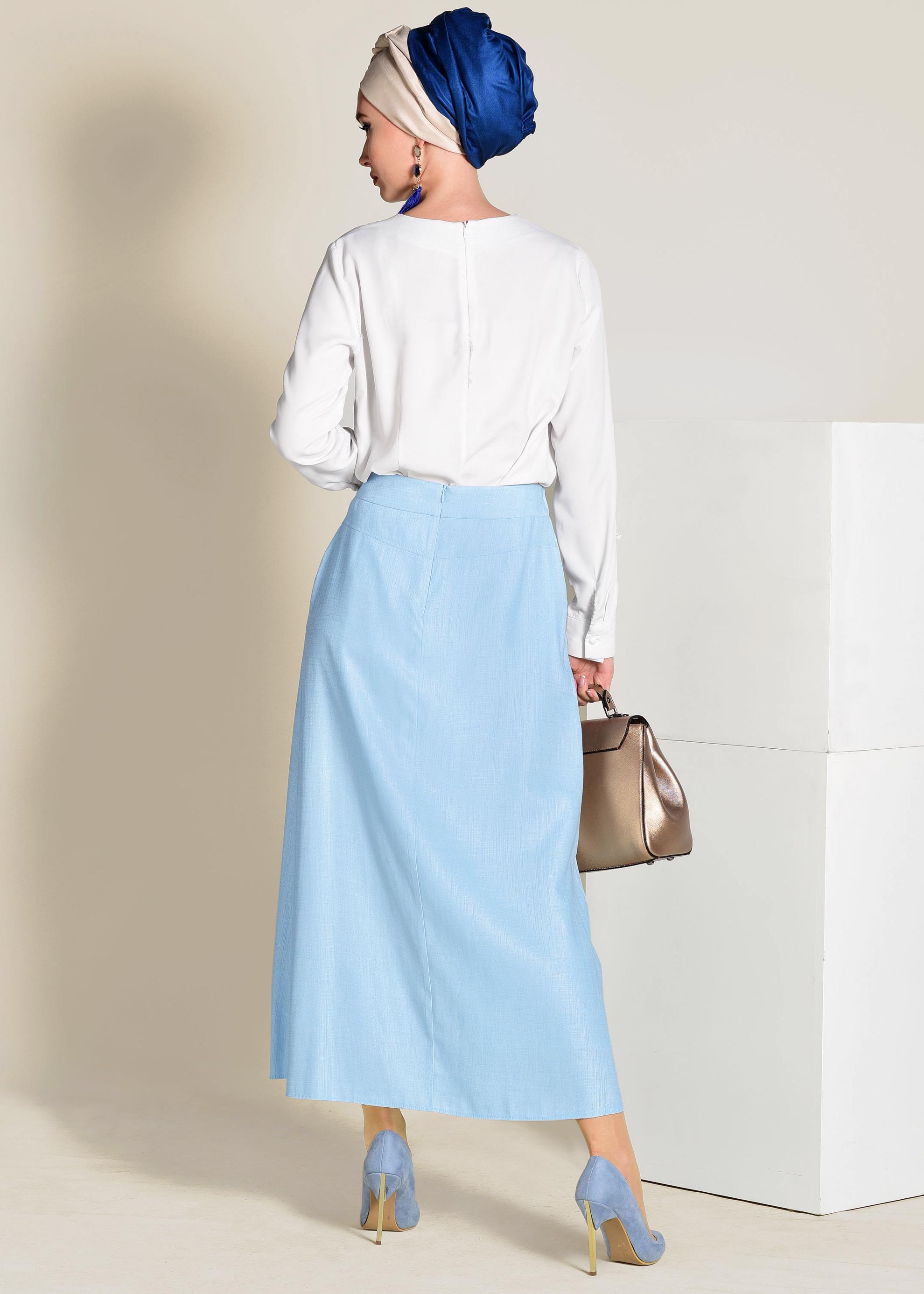 Tesettür giyim MAVİ BELİ BAĞCIKLI CEPLİ ETEK 6214