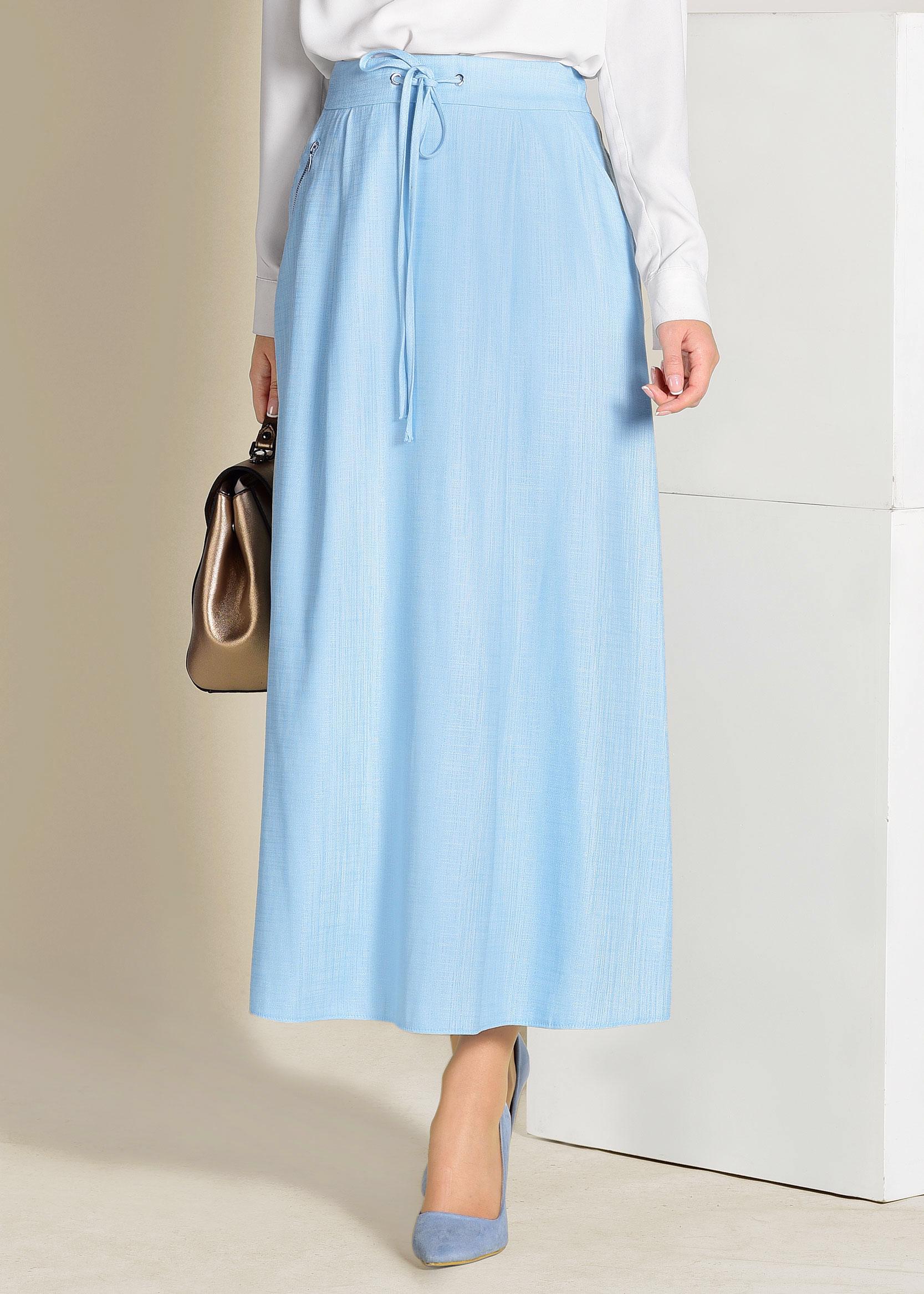 Tesettür giyim MAVİ BELİ BAĞCIKLI CEPLİ ETEK 6214