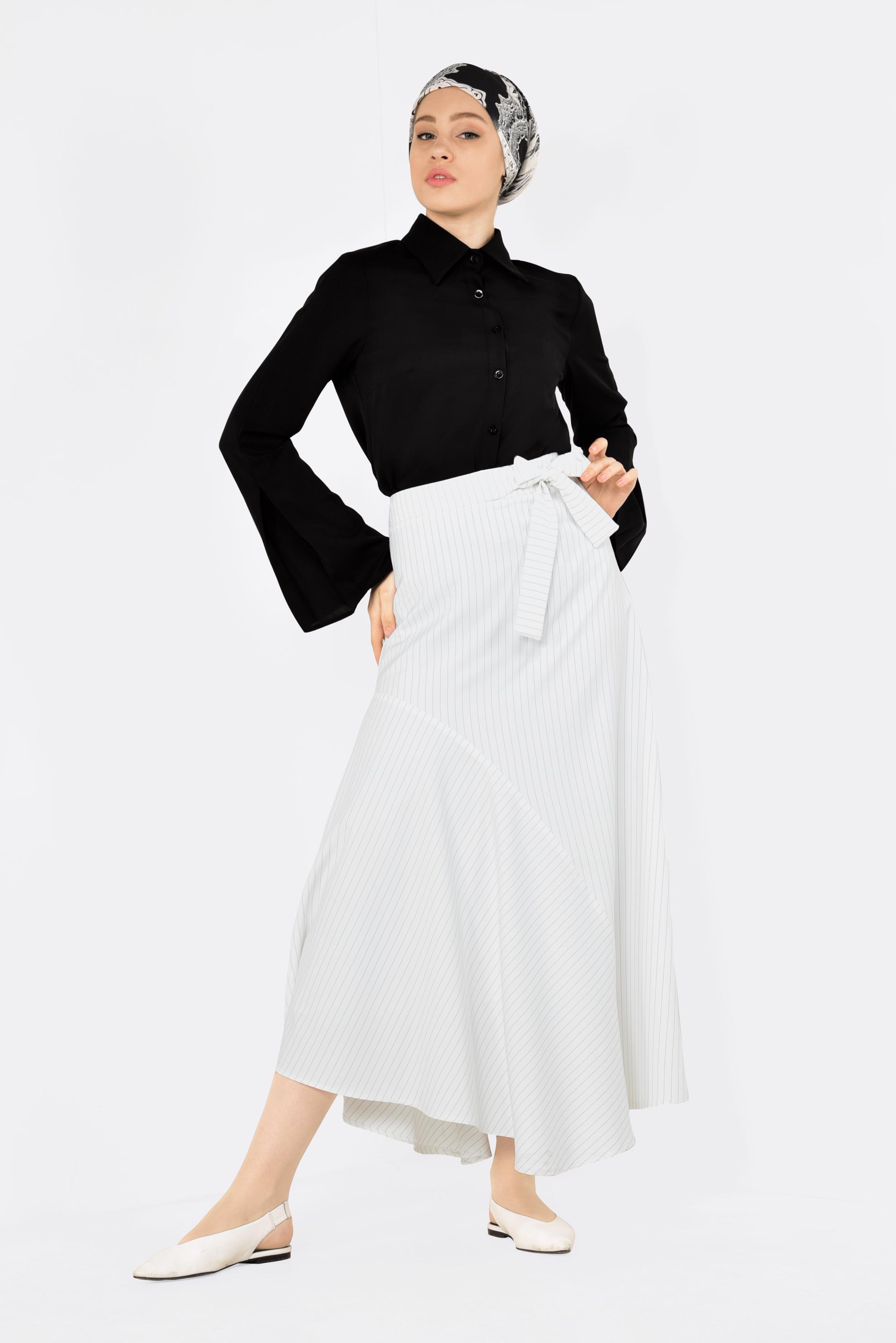 Tesettür giyim BEJ ÇİZGİ DESENLİ ASİMETRİK KESİM ETEK 6310