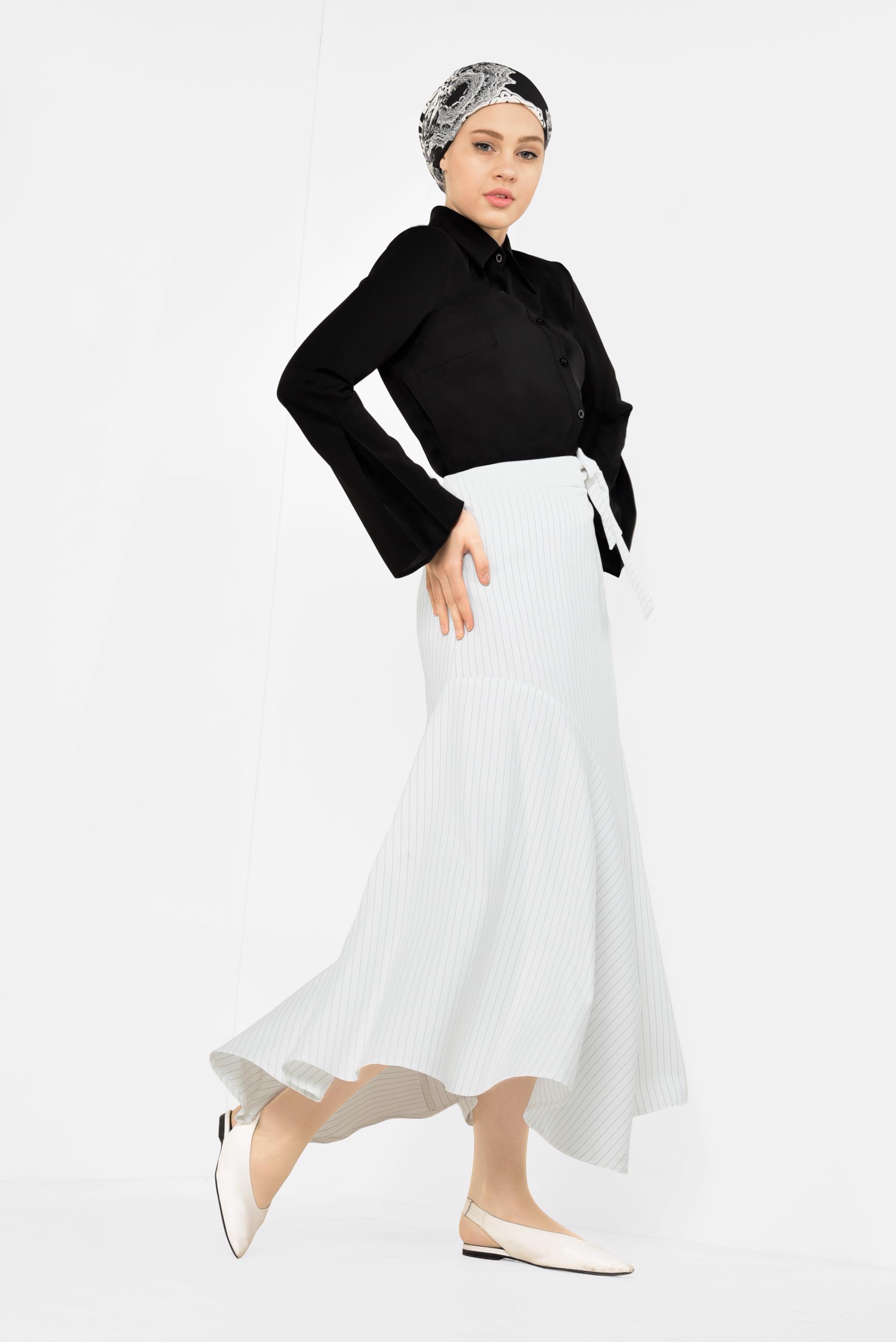 Tesettür giyim BEJ ÇİZGİ DESENLİ ASİMETRİK KESİM ETEK 6310