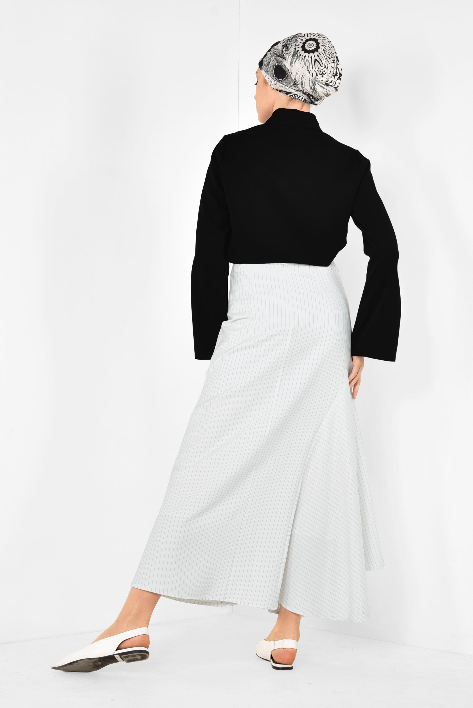 Tesettür giyim BEJ ÇİZGİ DESENLİ ASİMETRİK KESİM ETEK 6310