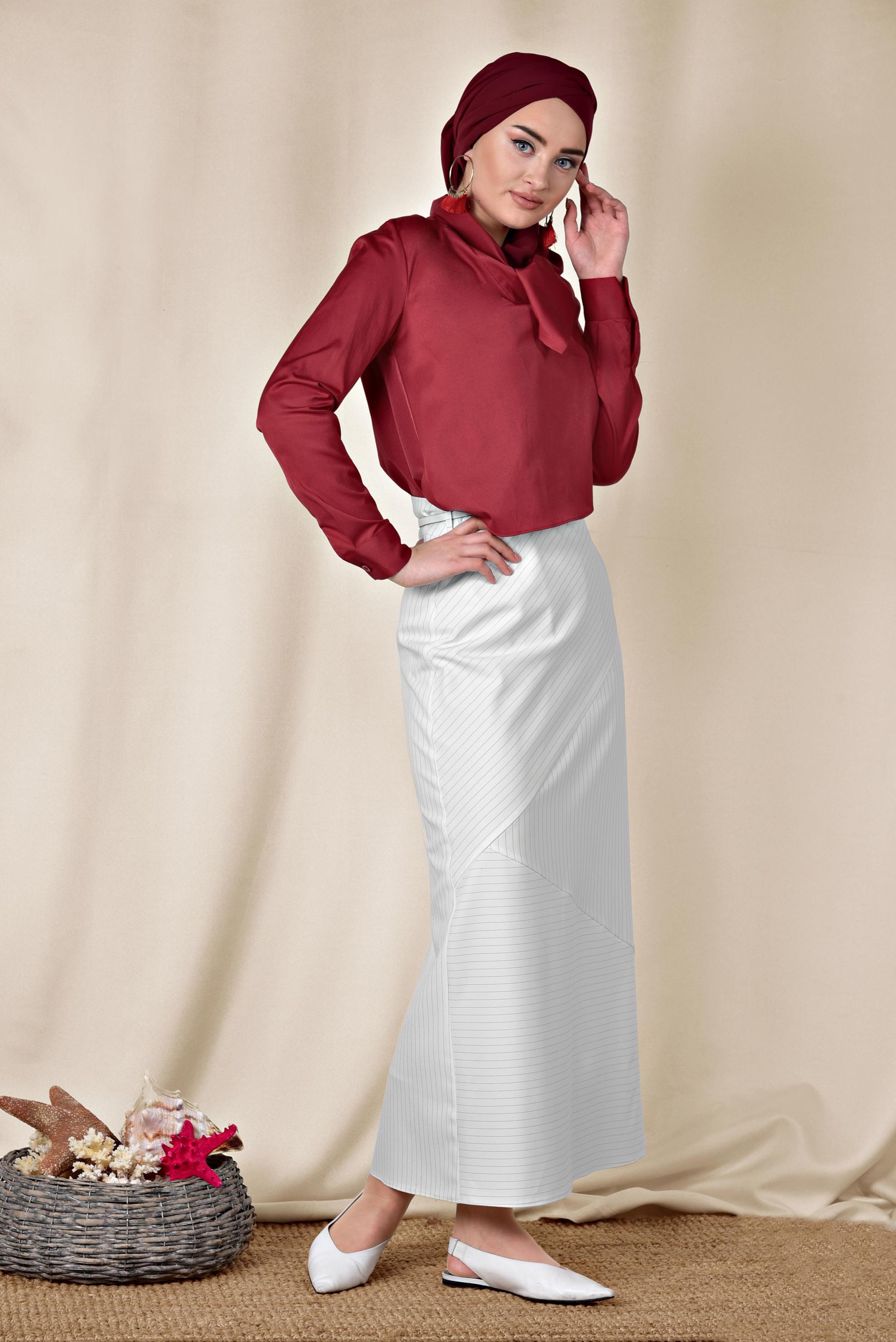 Tesettür giyim BEJ ÇİZGİ DESENLİ YÜKSEK BEL ETEK 6311