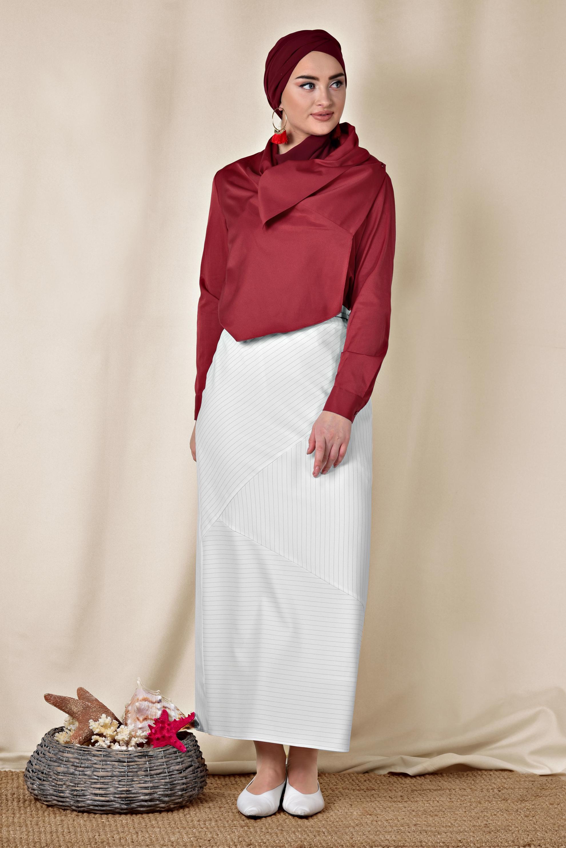 Tesettür giyim BEJ ÇİZGİ DESENLİ YÜKSEK BEL ETEK 6311