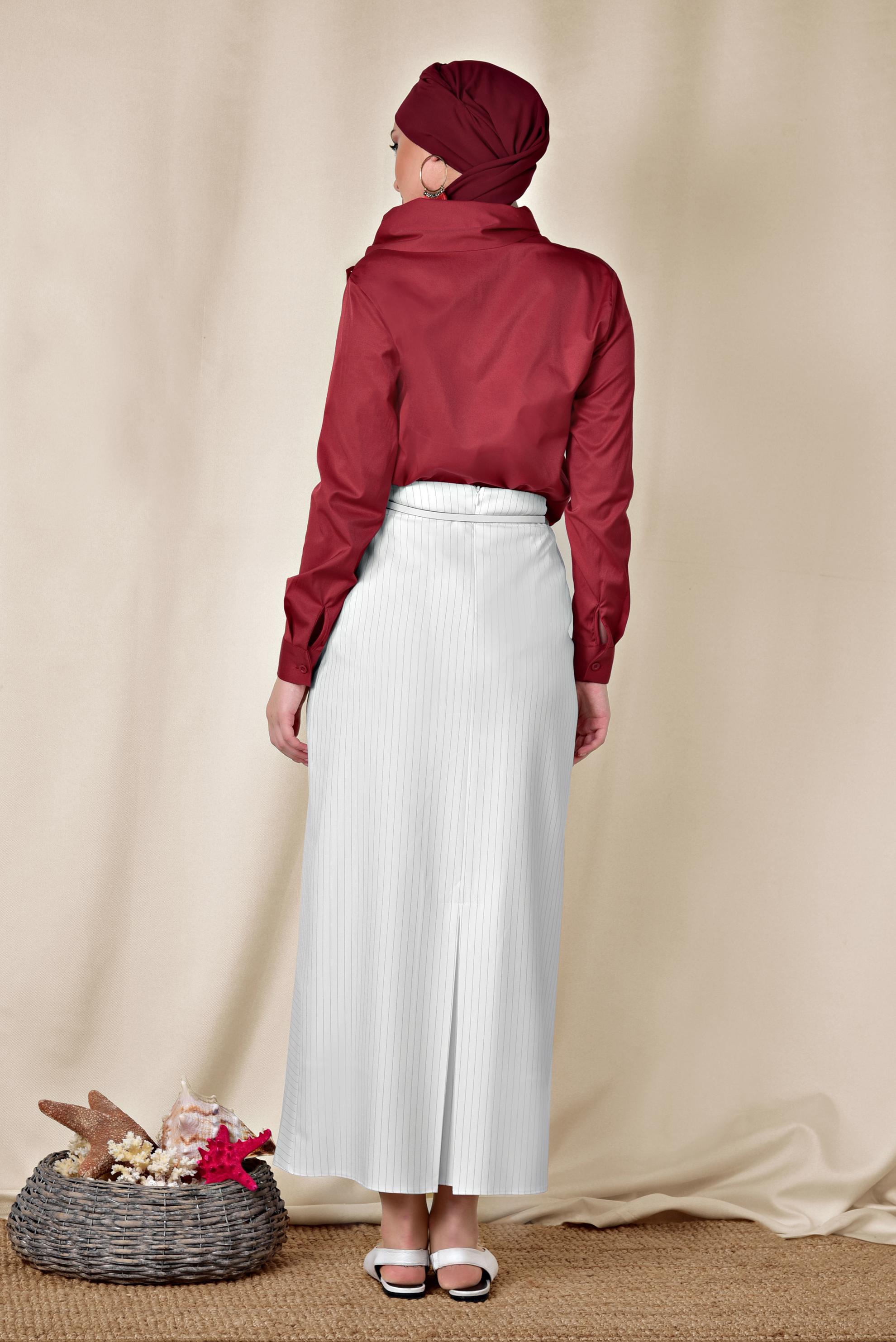 Tesettür giyim BEJ ÇİZGİ DESENLİ YÜKSEK BEL ETEK 6311