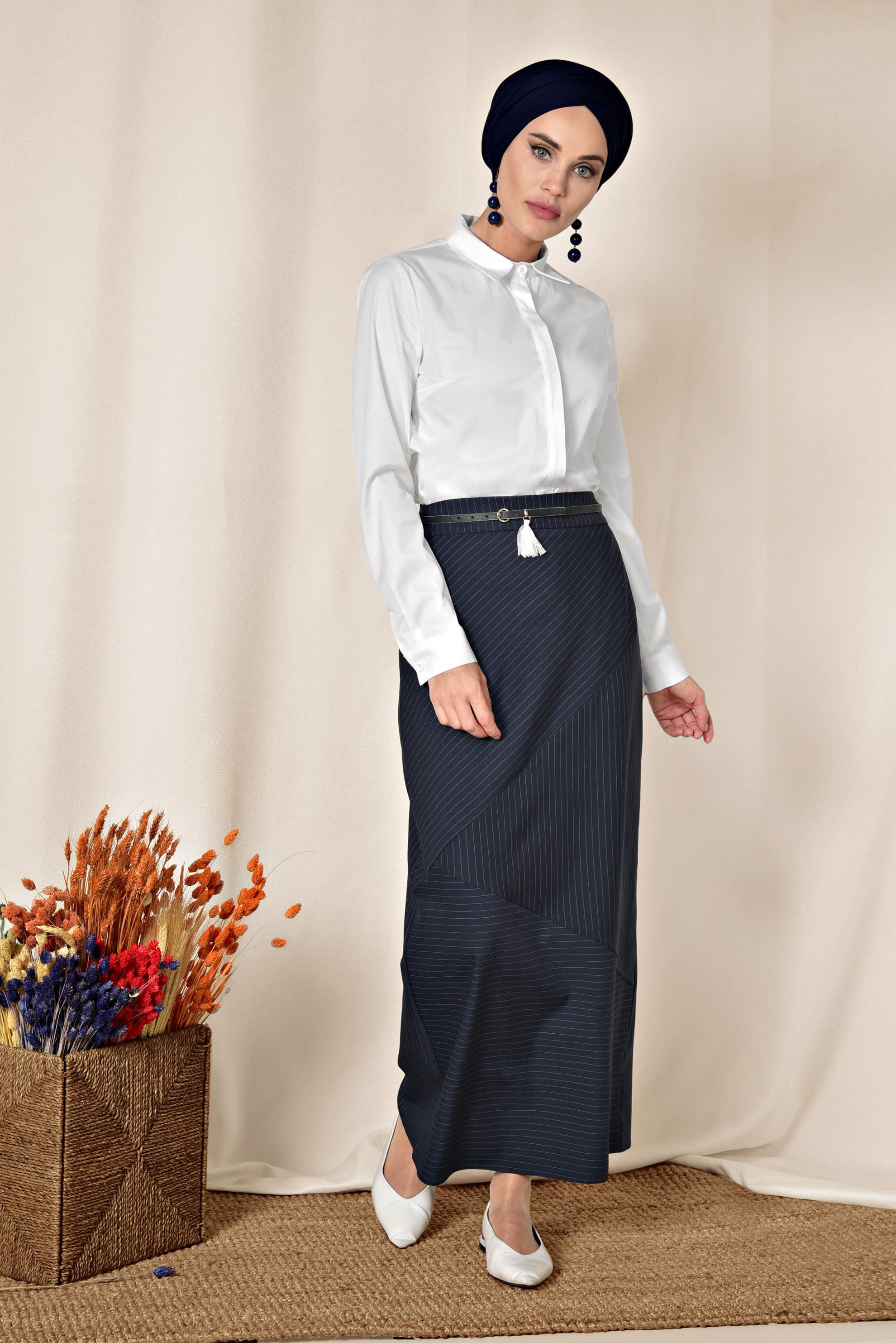 Tesettür giyim LACİVERT ÇİZGİ DESENLİ YÜKSEK BEL ETEK 6311