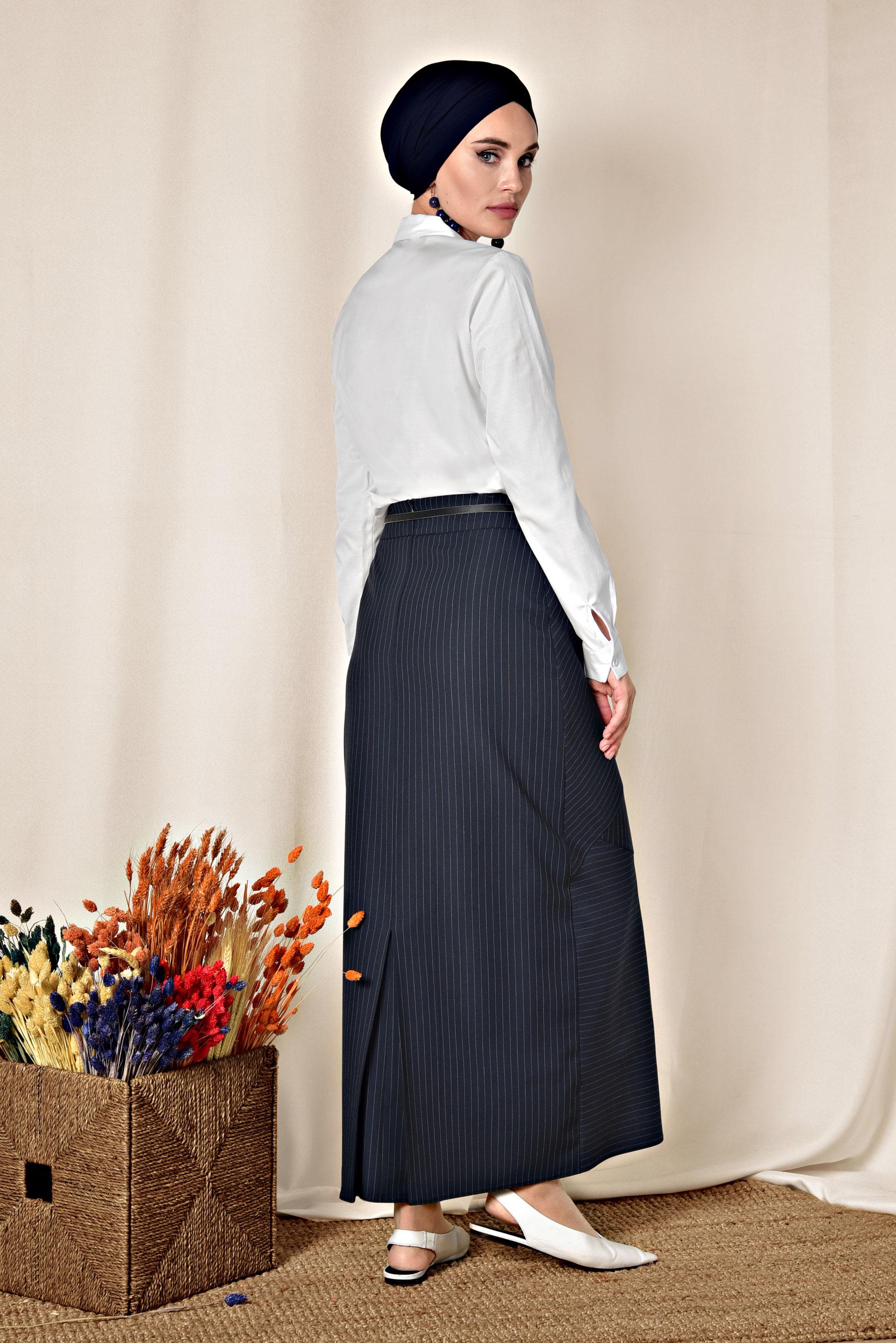 Tesettür giyim LACİVERT ÇİZGİ DESENLİ YÜKSEK BEL ETEK 6311