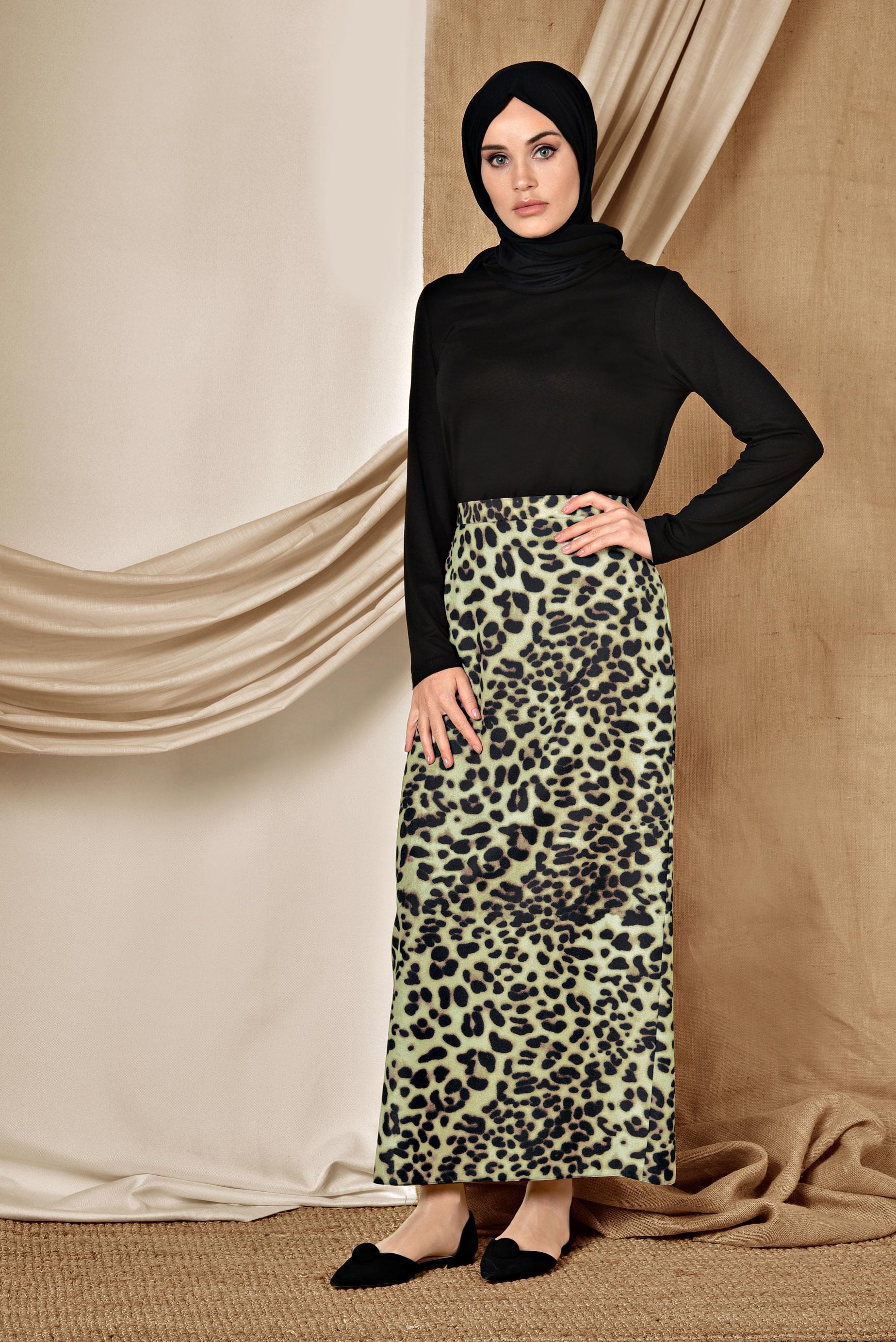 Tesettür giyim VİZON LEOPAR DESENLİ KALEM ETEK 6316	