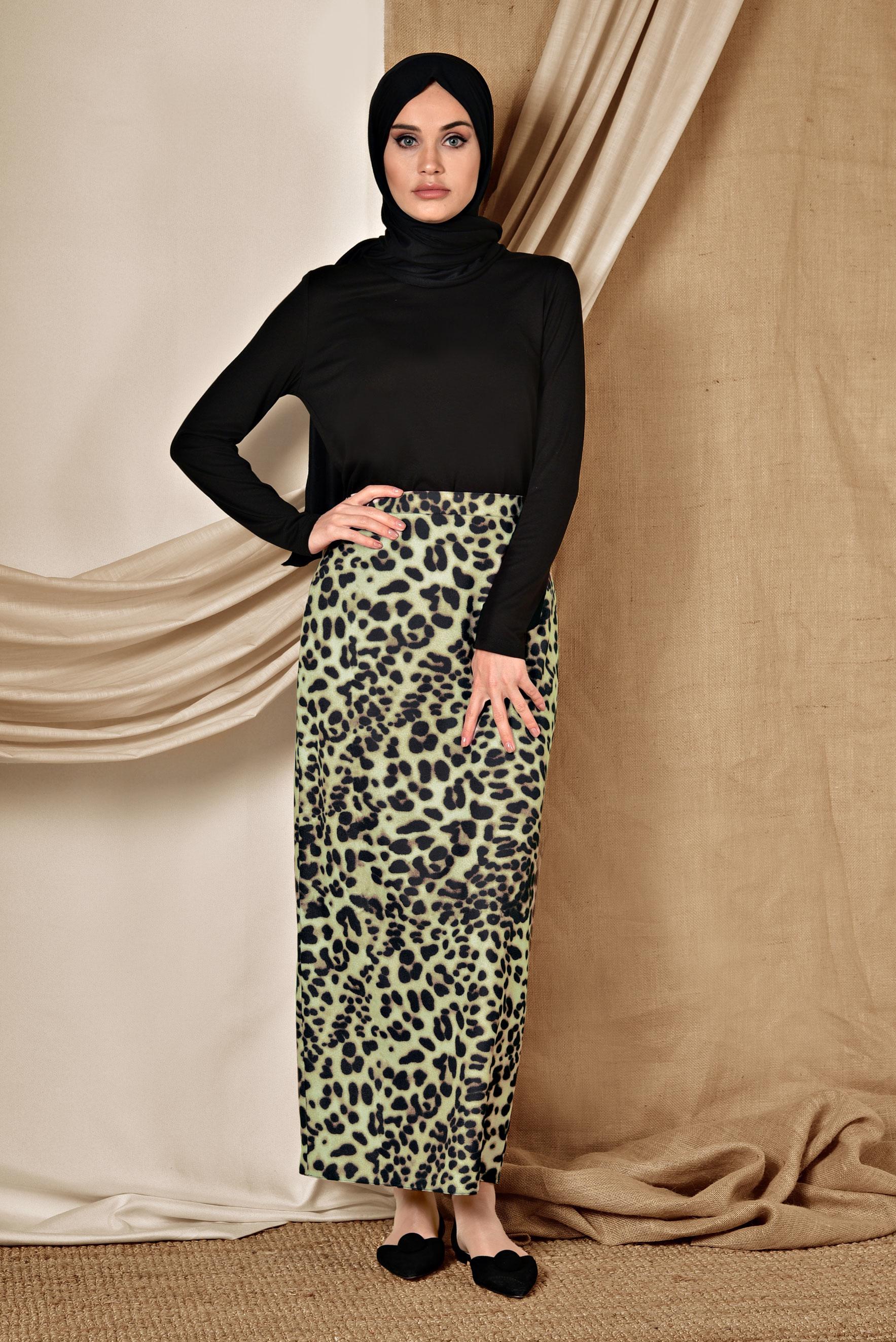 Tesettür giyim VİZON LEOPAR DESENLİ KALEM ETEK 6316	