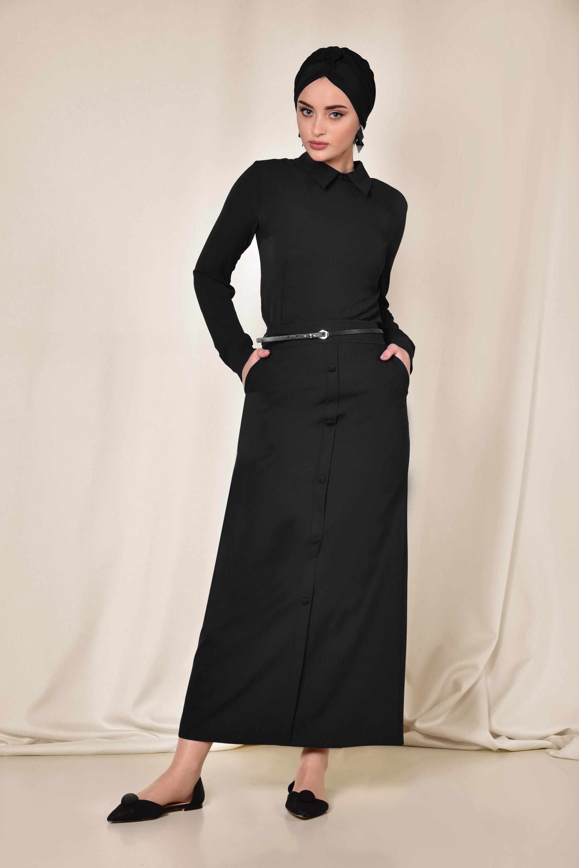 Tesettür giyim SİYAH ÖNDEN DÜĞMELİ KEMERLİ ETEK 6319