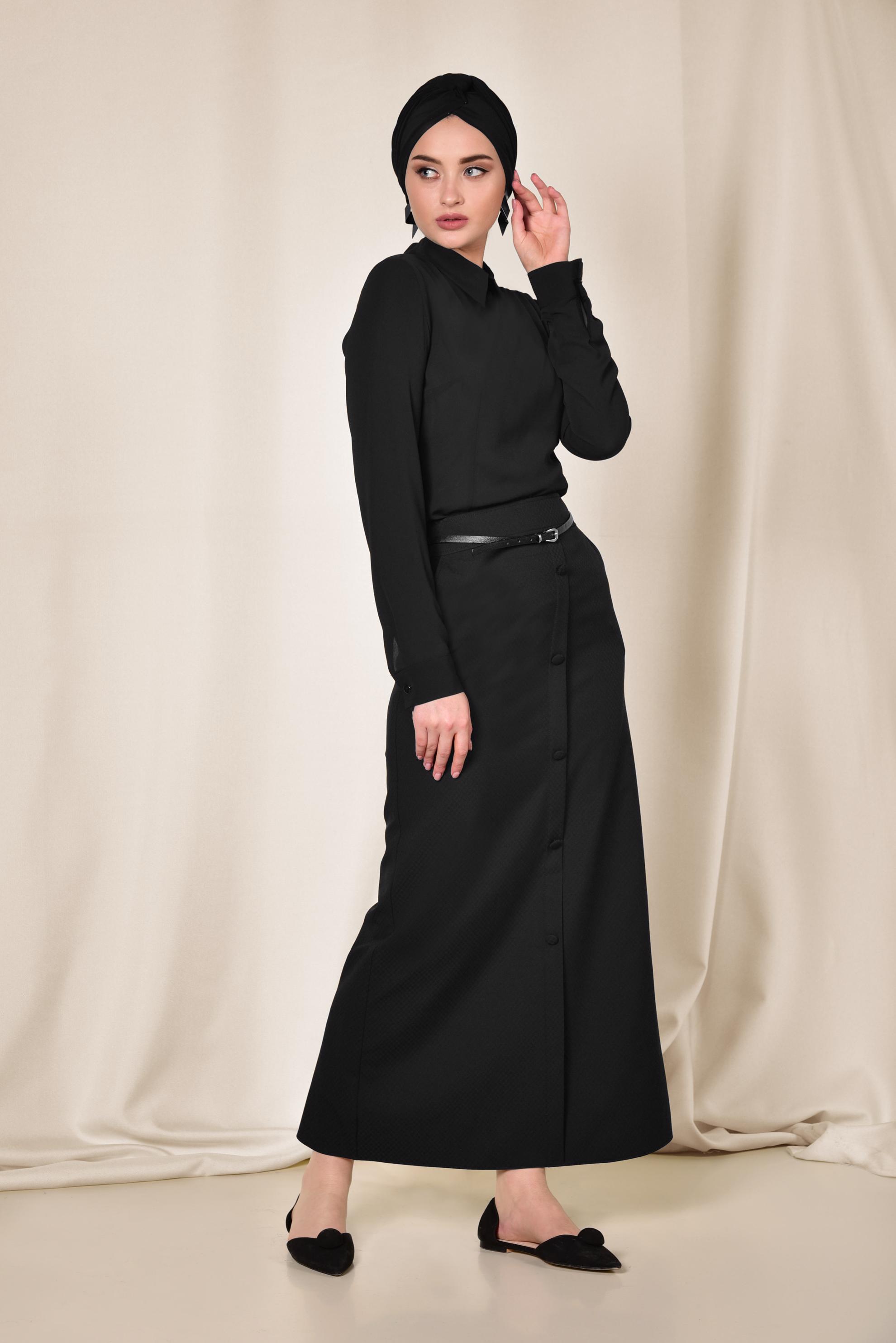 Tesettür giyim SİYAH ÖNDEN DÜĞMELİ KEMERLİ ETEK 6319