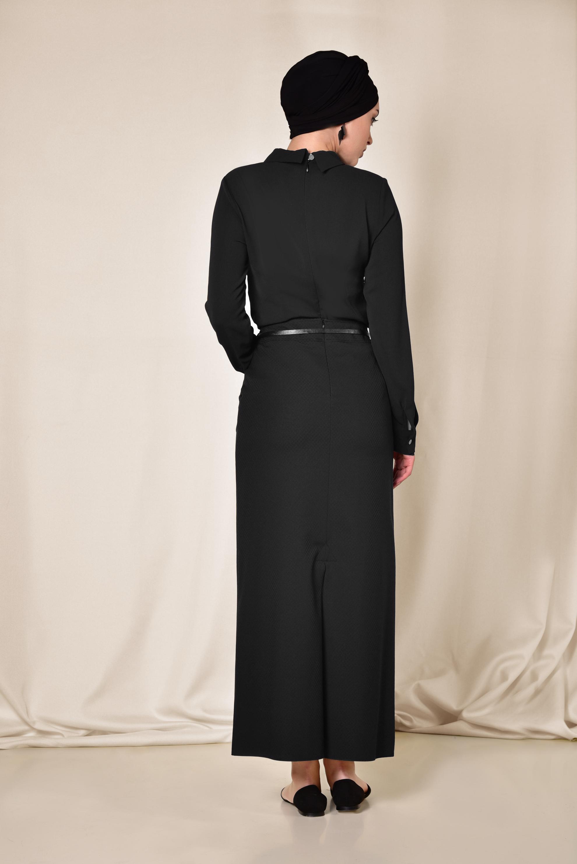 Tesettür giyim SİYAH ÖNDEN DÜĞMELİ KEMERLİ ETEK 6319