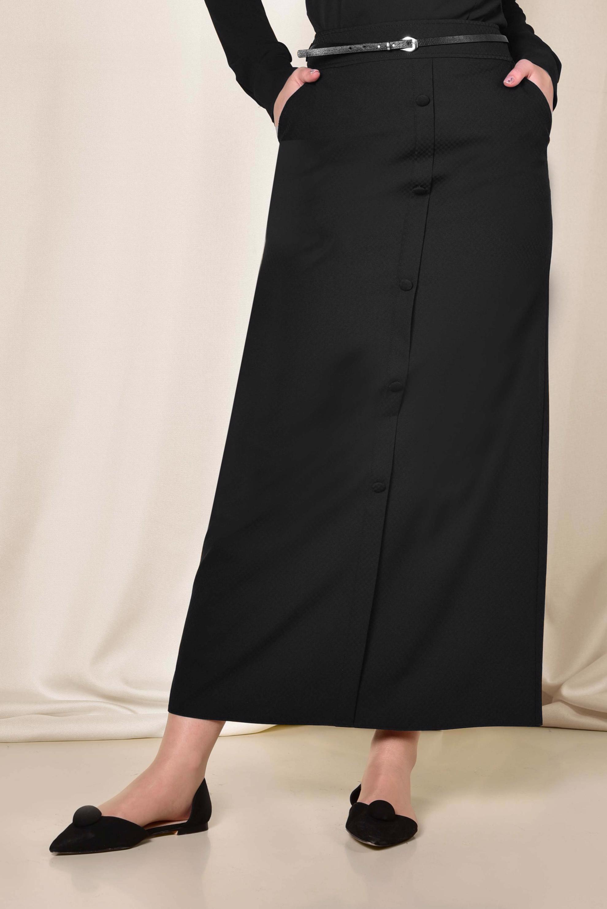 Tesettür giyim SİYAH ÖNDEN DÜĞMELİ KEMERLİ ETEK 6319