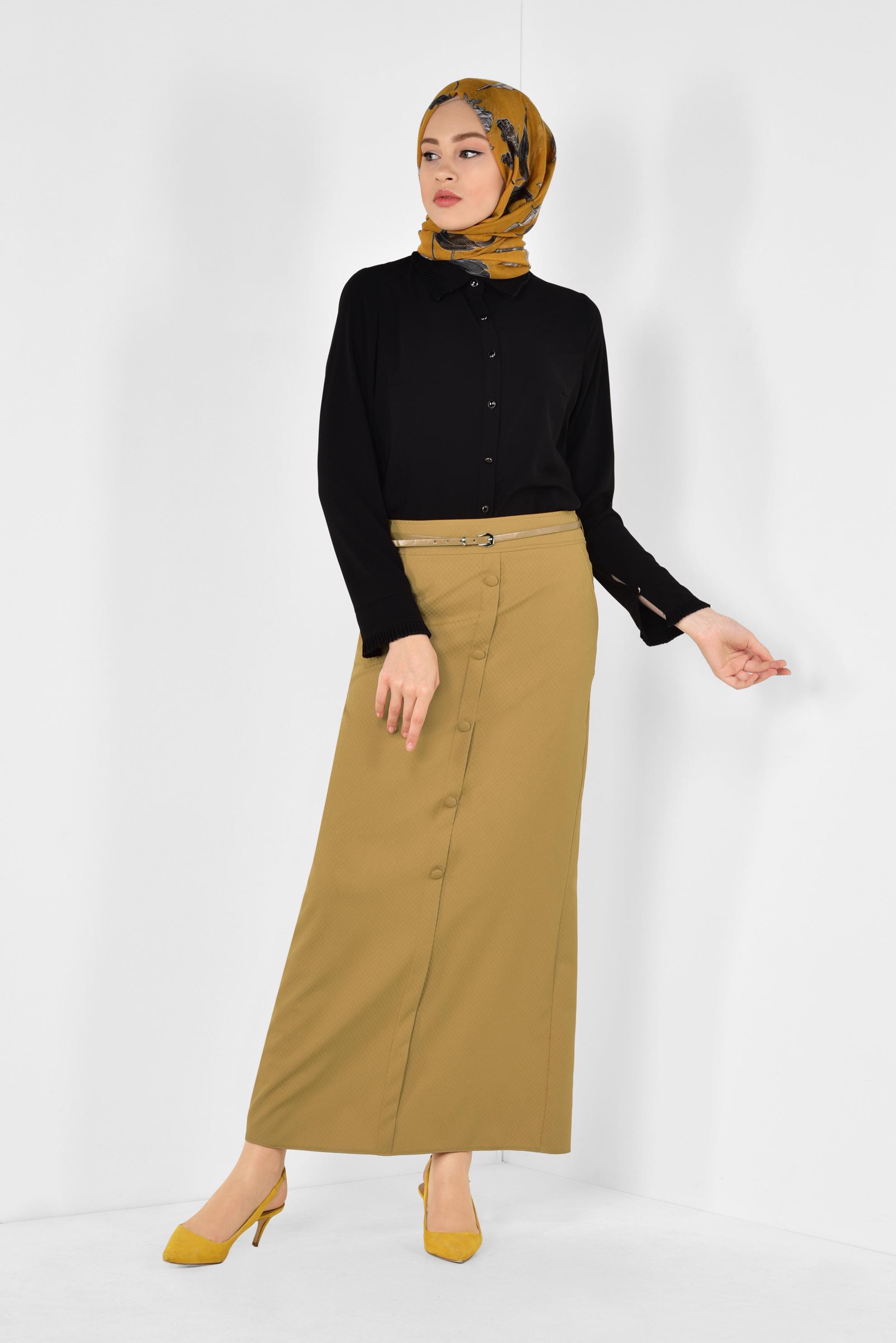 Tesettür giyim SARI ÖNDEN DÜĞMELİ KEMERLİ ETEK 6319