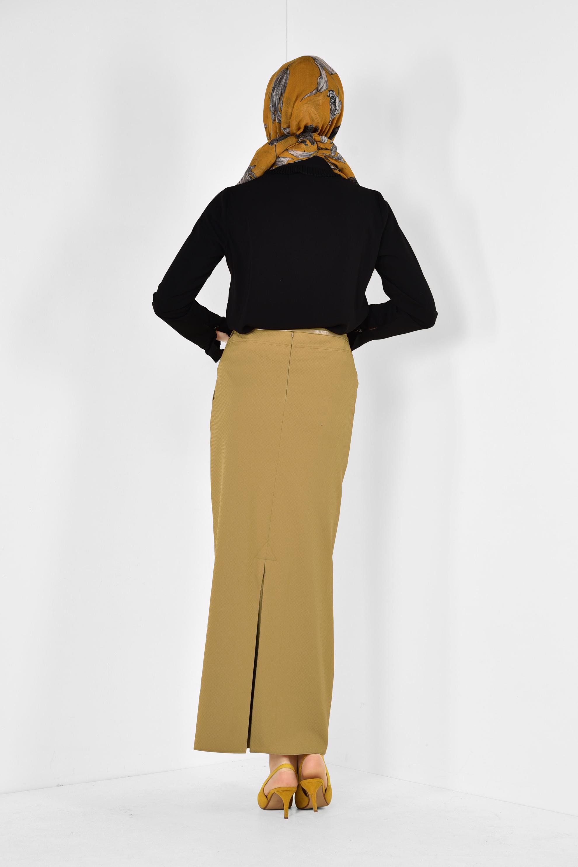 Tesettür giyim SARI ÖNDEN DÜĞMELİ KEMERLİ ETEK 6319