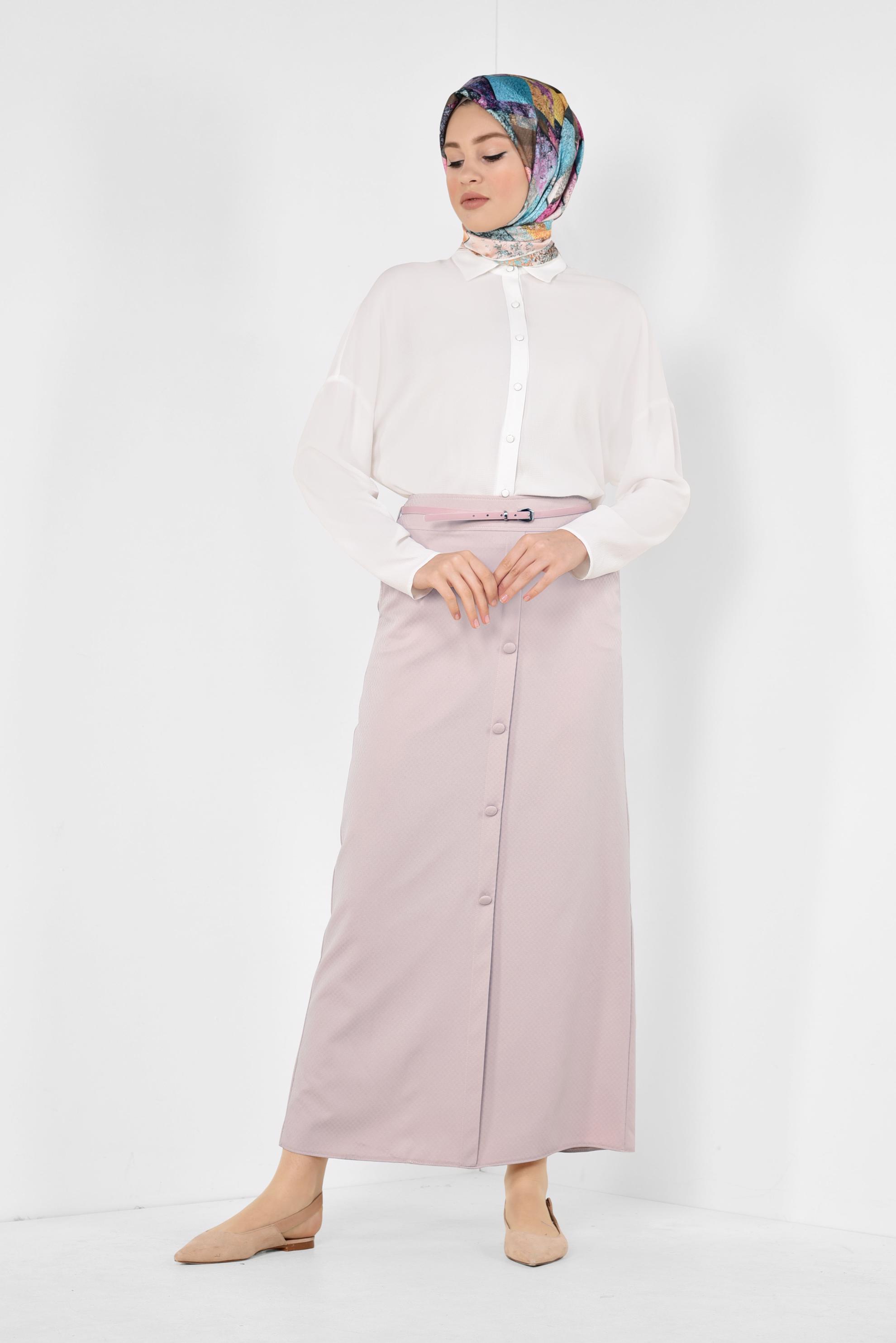 Tesettür giyim BEJ ÖNDEN DÜĞMELİ KEMERLİ ETEK 6319