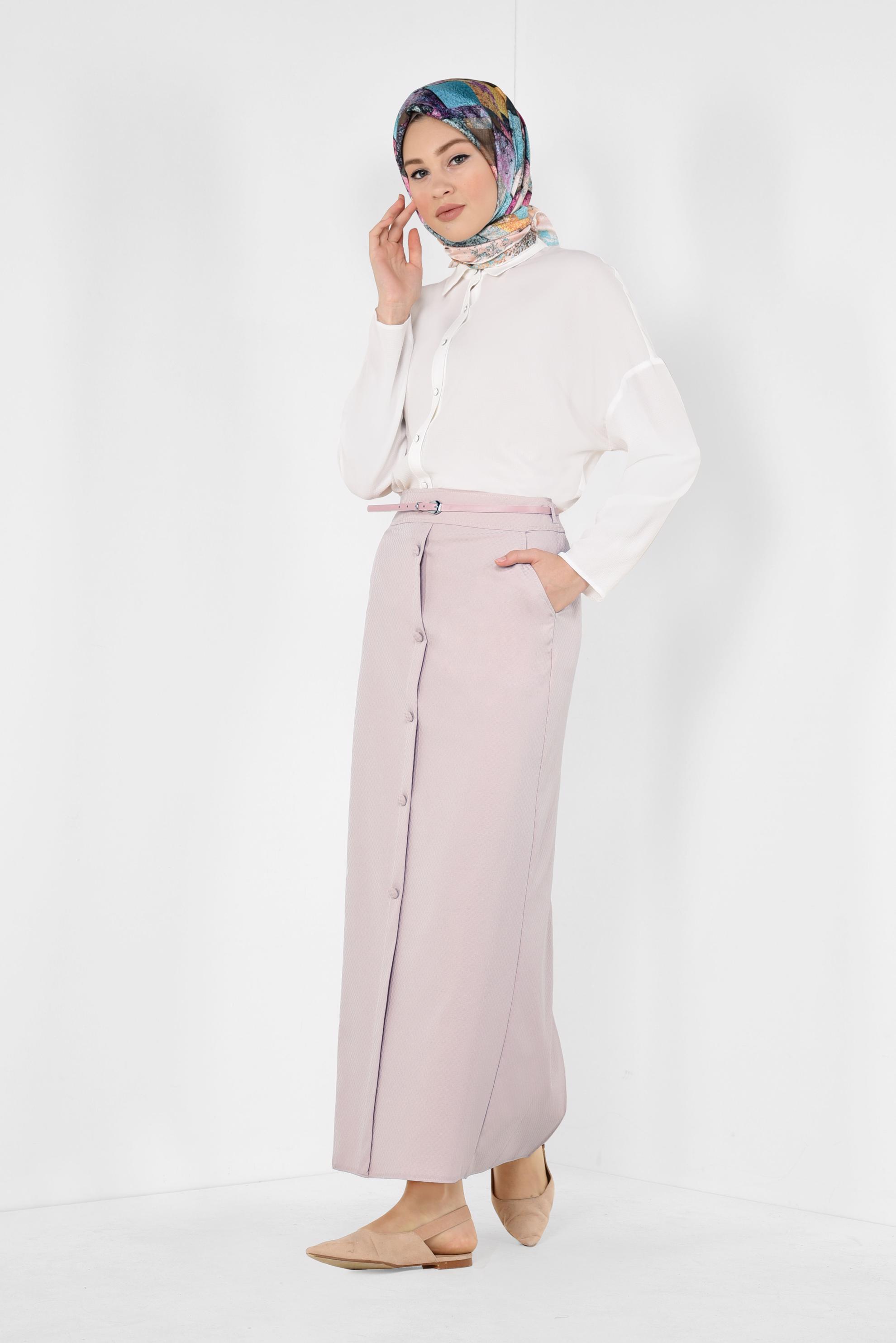 Tesettür giyim BEJ ÖNDEN DÜĞMELİ KEMERLİ ETEK 6319