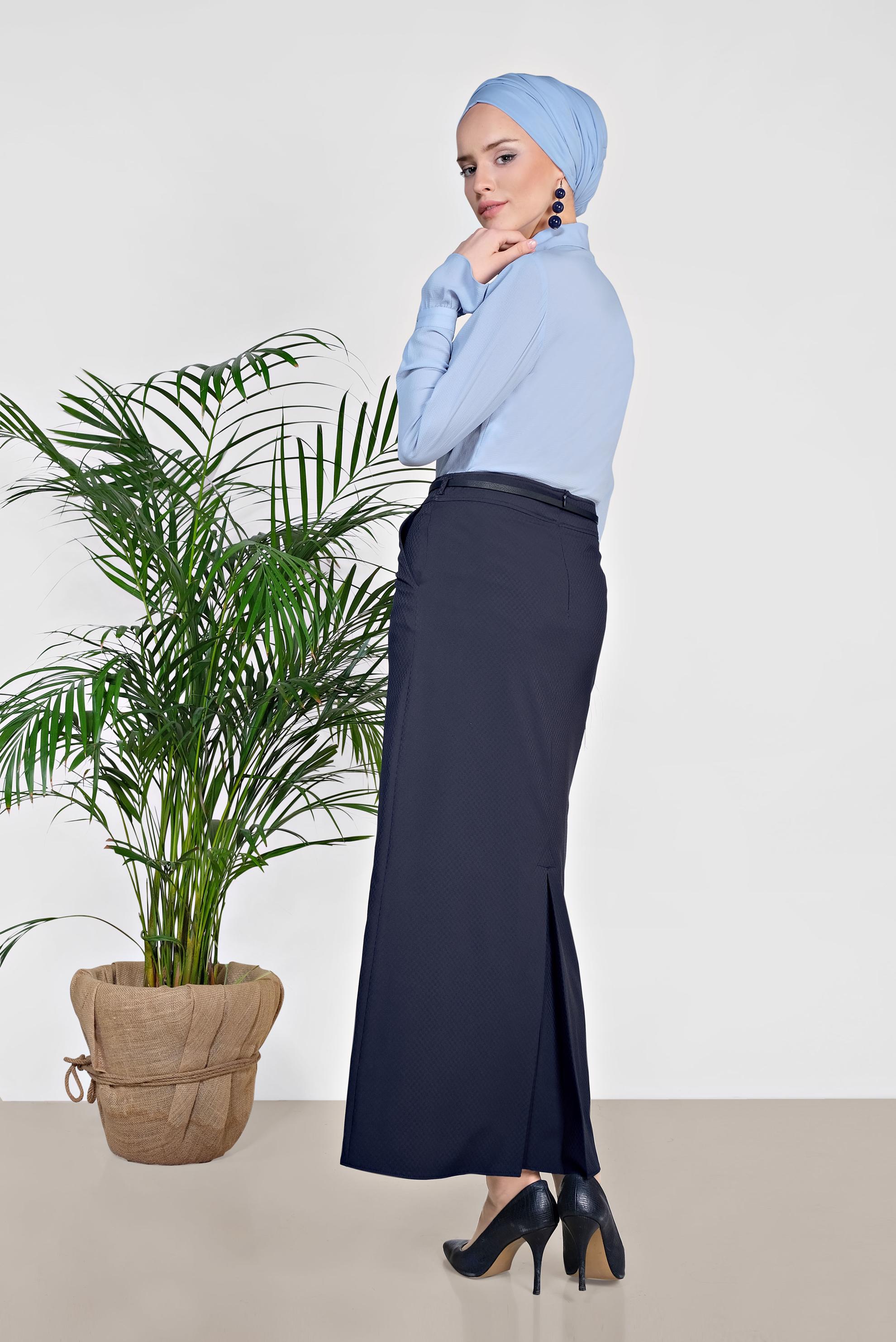 Tesettür giyim LACİVERT ÖNDEN DÜĞMELİ KEMERLİ ETEK 6319