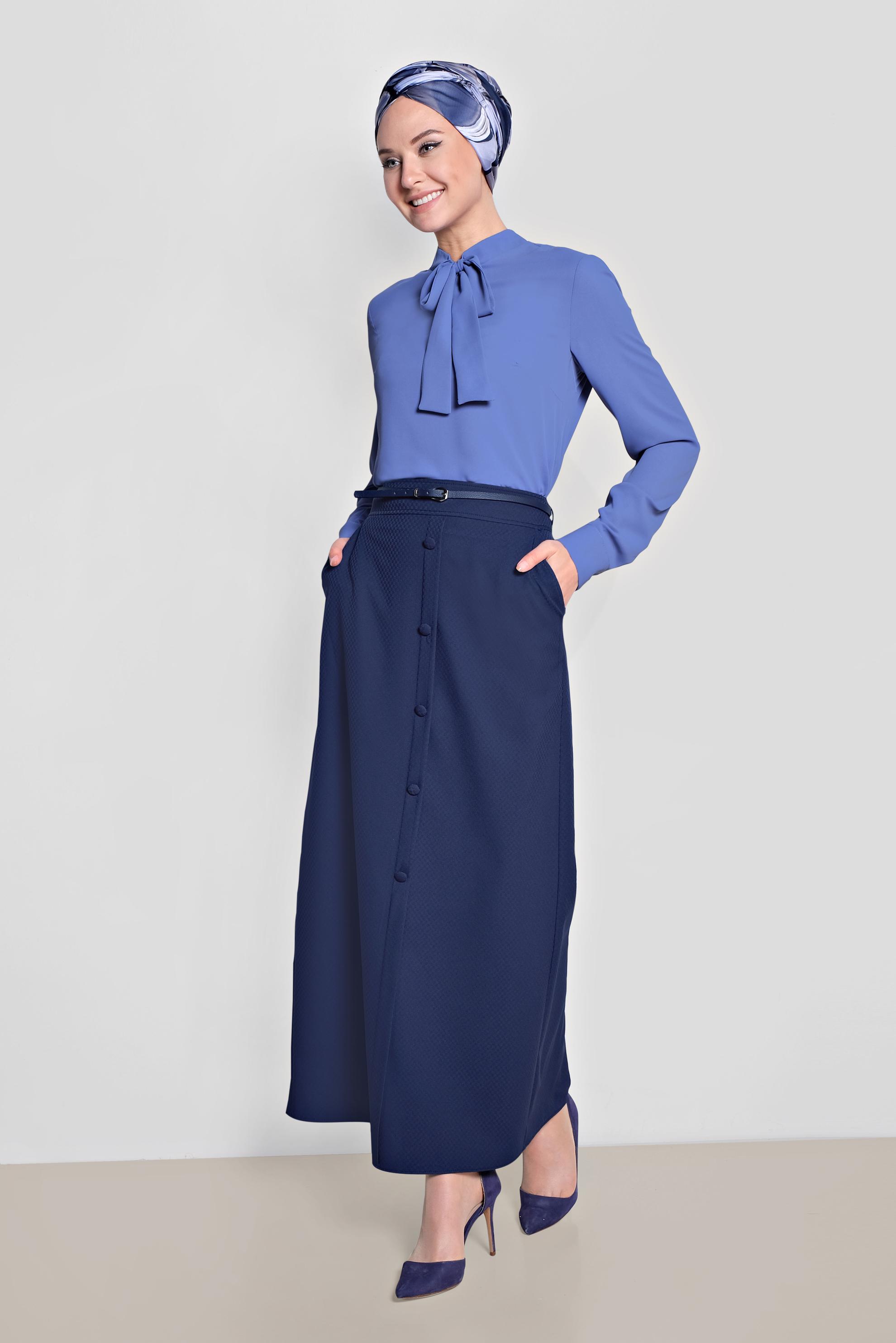 Tesettür giyim LACİVERT ÖNDEN DÜĞMELİ KEMERLİ ETEK 6319