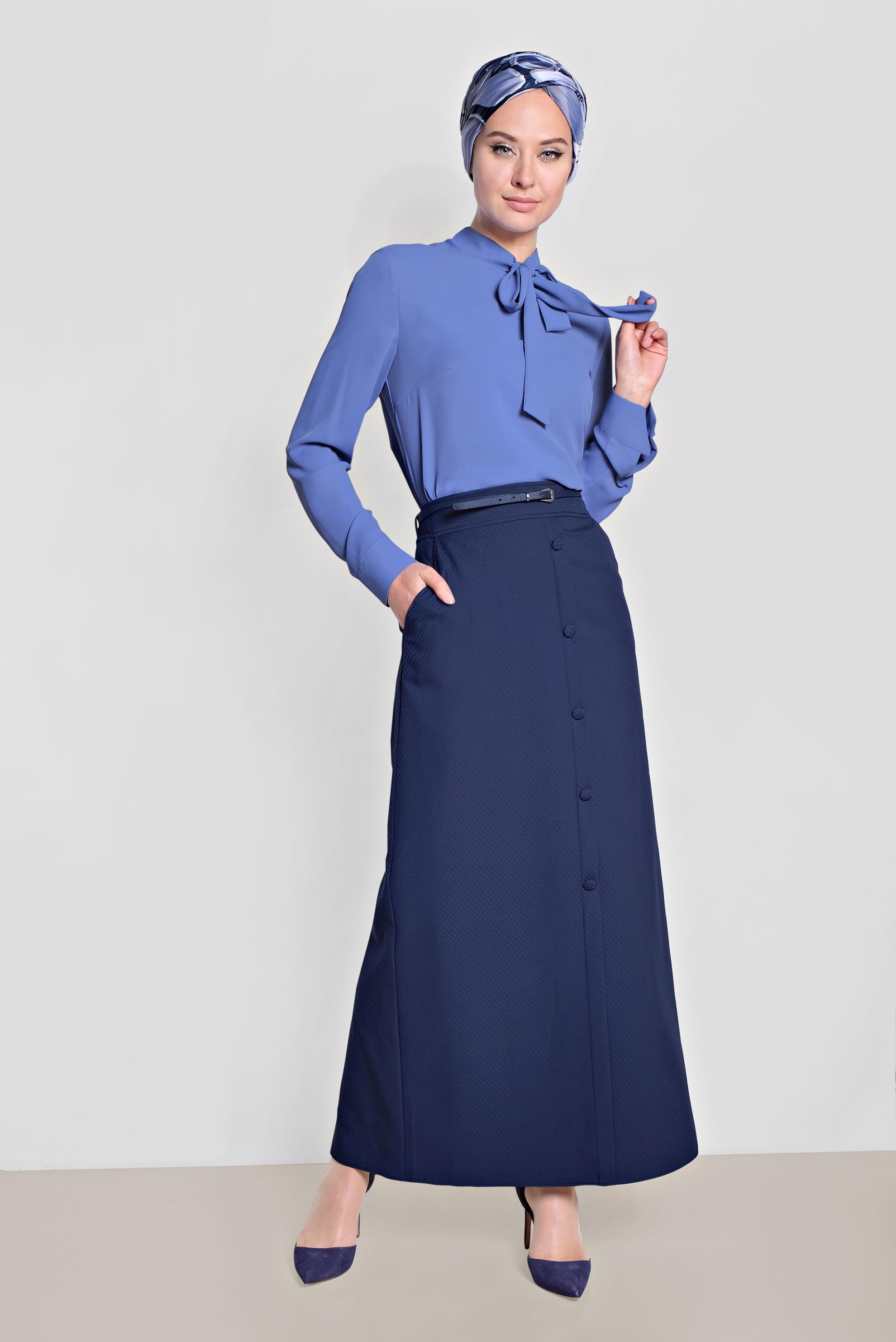 Tesettür giyim LACİVERT ÖNDEN DÜĞMELİ KEMERLİ ETEK 6319