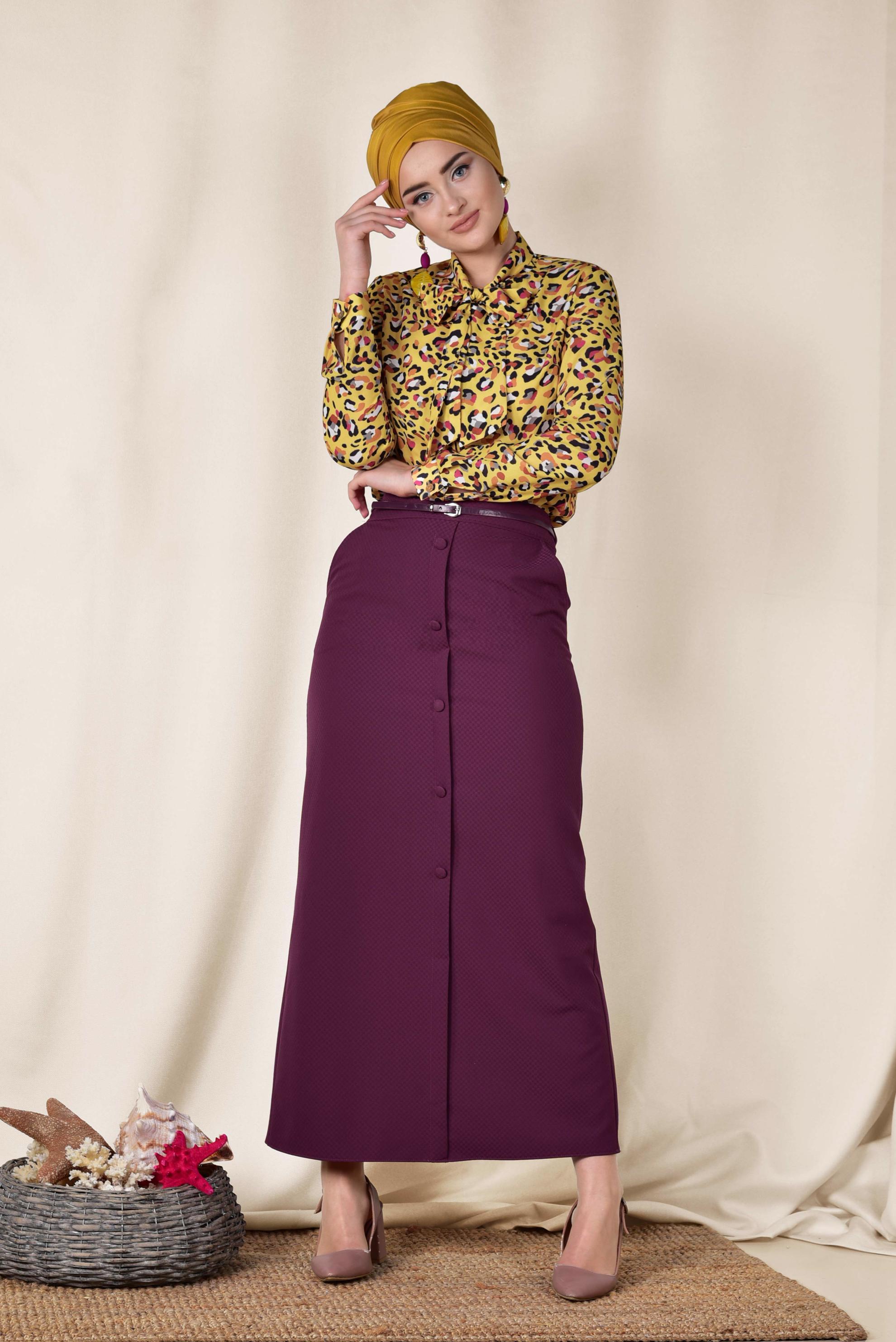 Tesettür giyim MOR ÖNDEN DÜĞMELİ KEMERLİ ETEK 6319