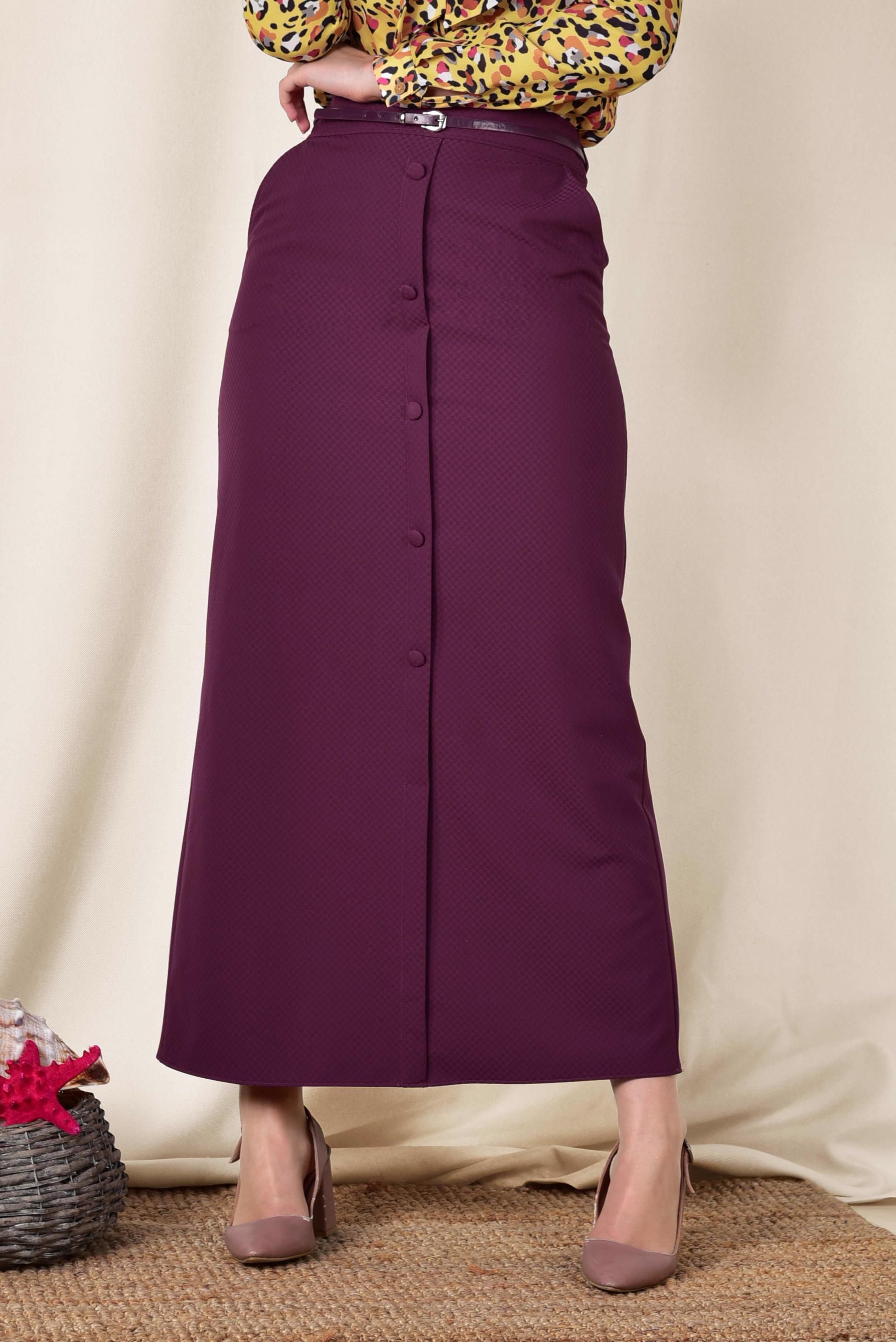 Tesettür giyim MOR ÖNDEN DÜĞMELİ KEMERLİ ETEK 6319