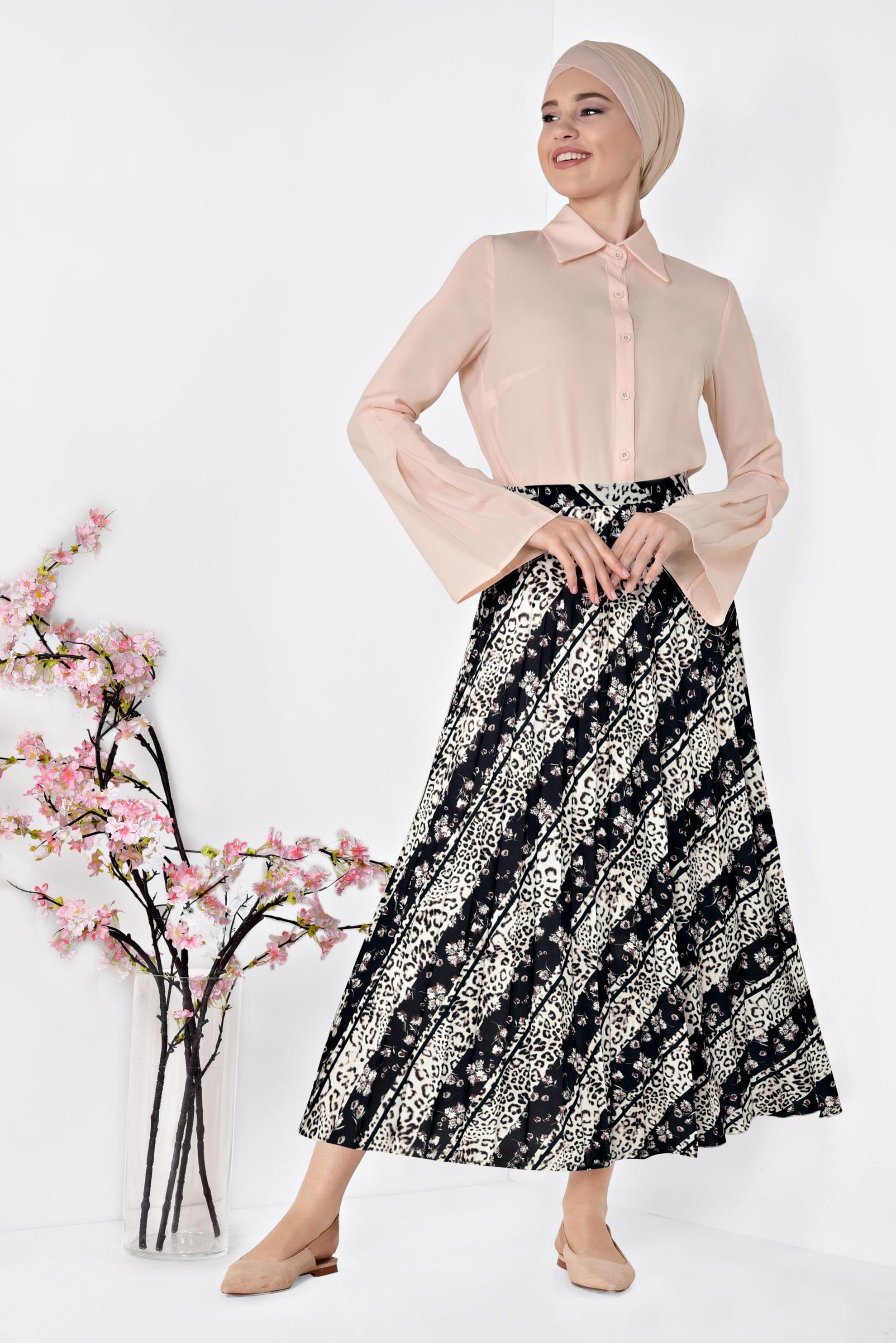 Tesettür giyim SİYAH LEOPAR DESENLİ PİLELİ ETEK 6325