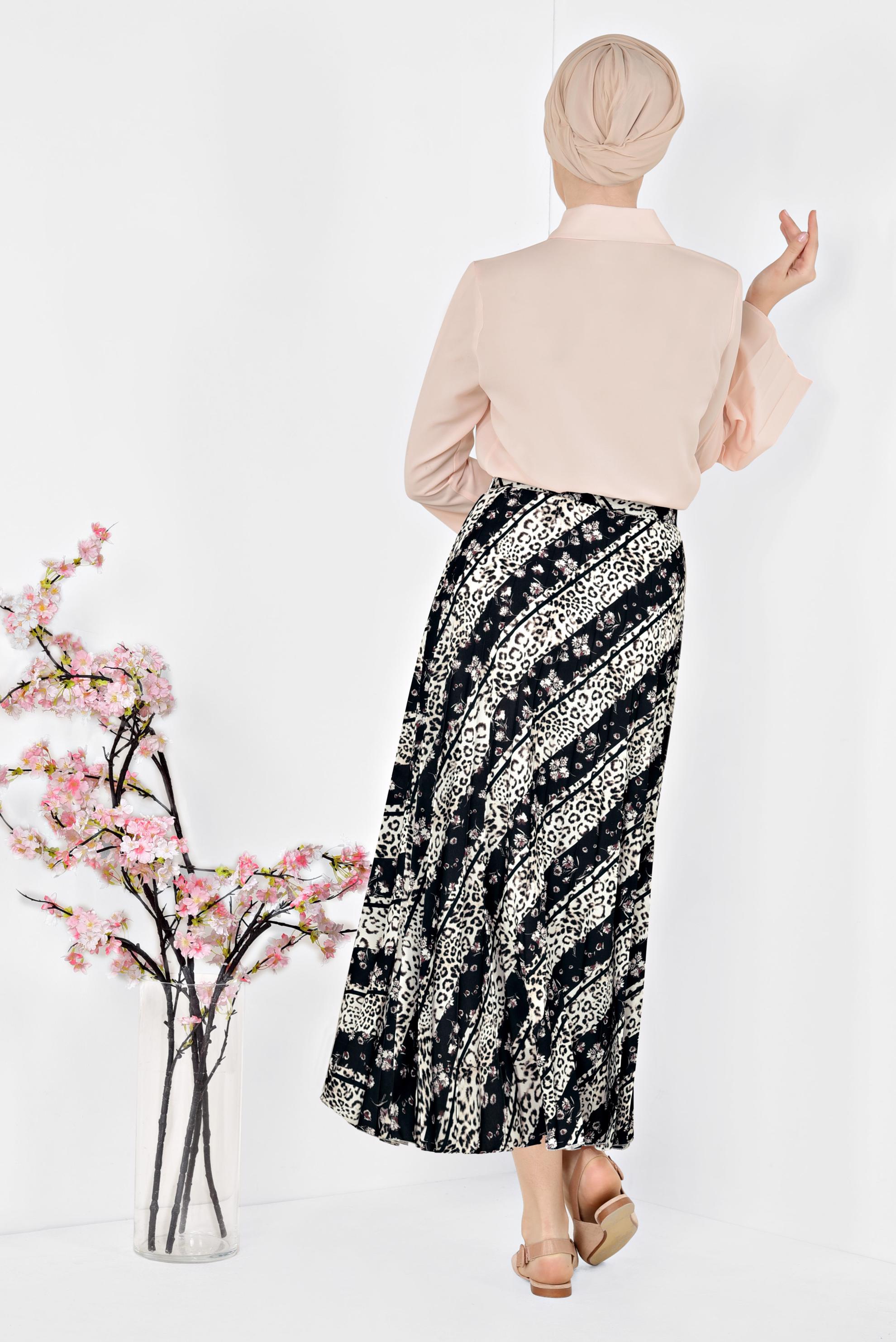 Tesettür giyim SİYAH LEOPAR DESENLİ PİLELİ ETEK 6325