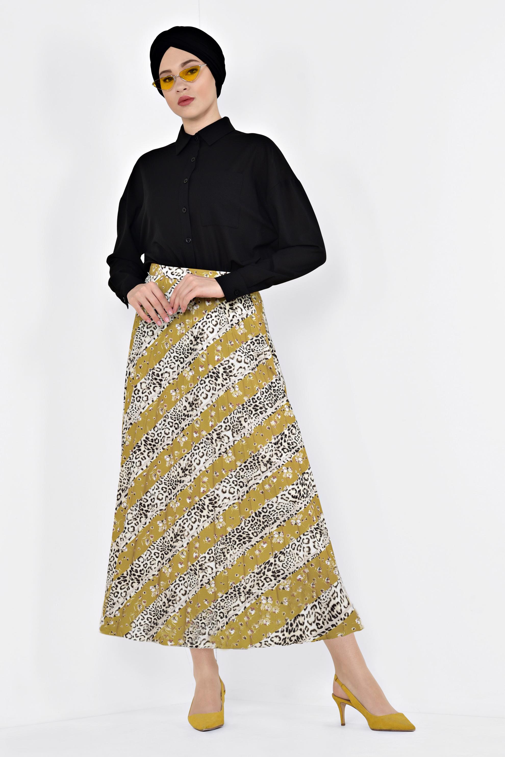 Tesettür giyim SARI LEOPAR DESENLİ PİLELİ ETEK 6325