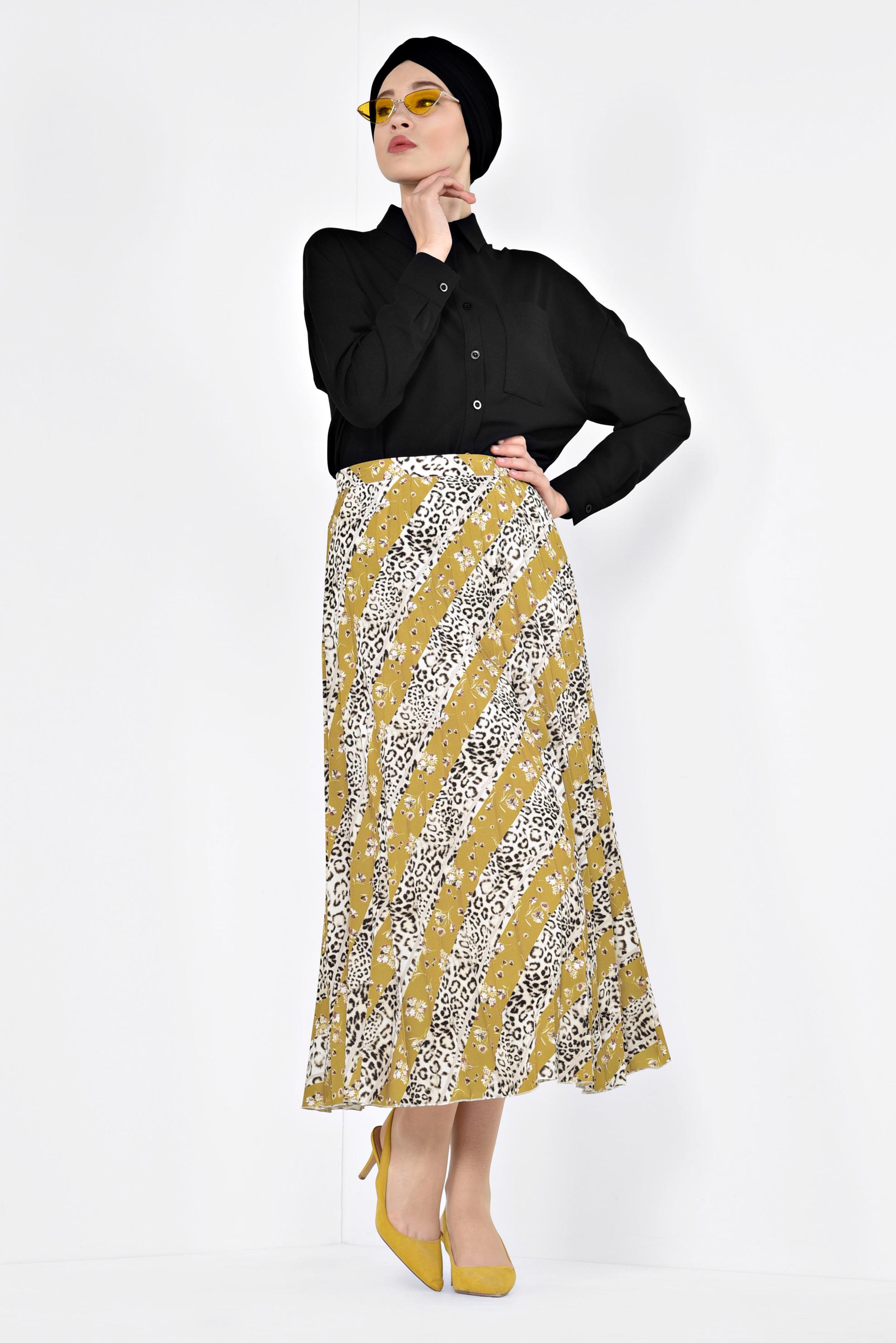 Tesettür giyim SARI LEOPAR DESENLİ PİLELİ ETEK 6325
