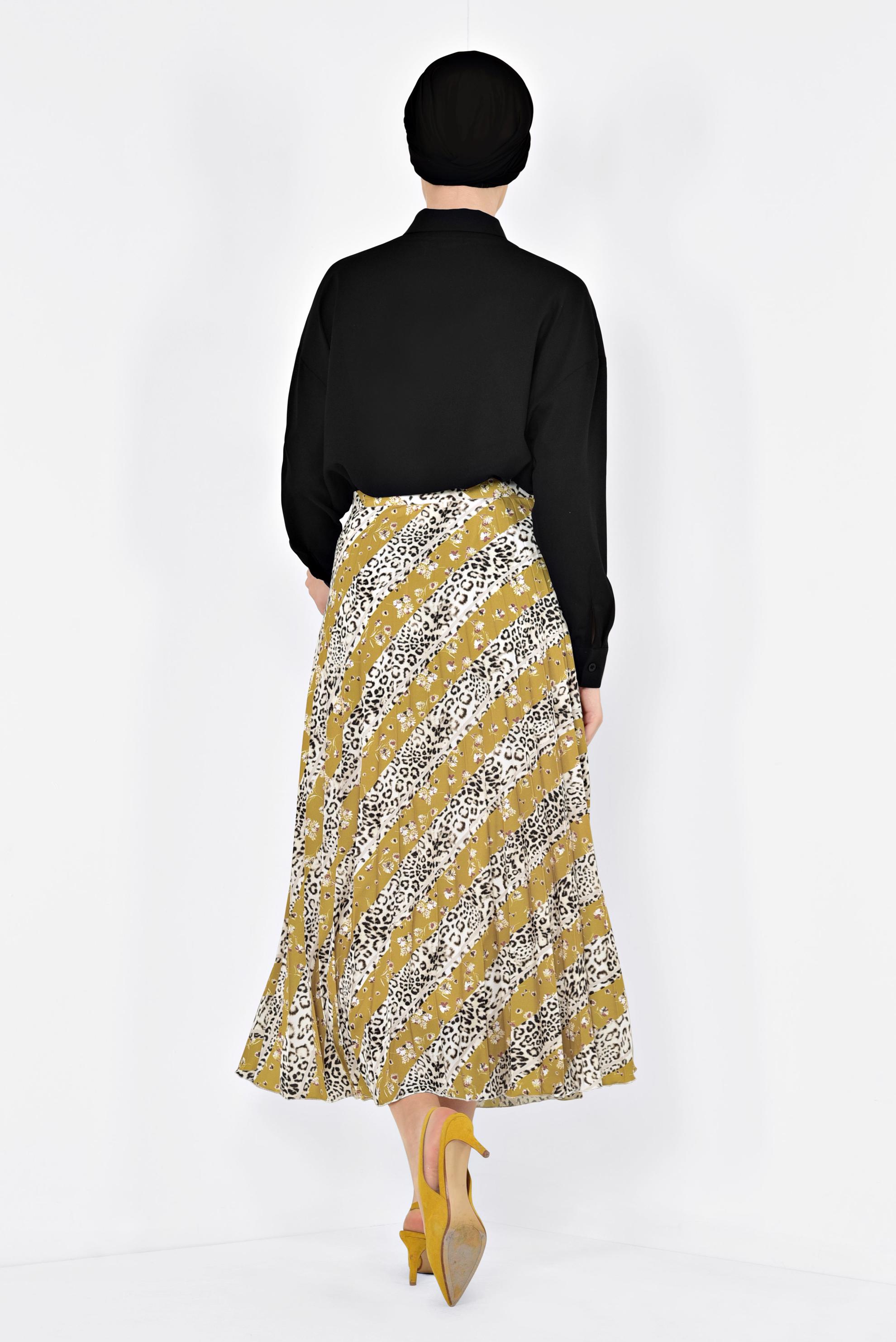 Tesettür giyim SARI LEOPAR DESENLİ PİLELİ ETEK 6325